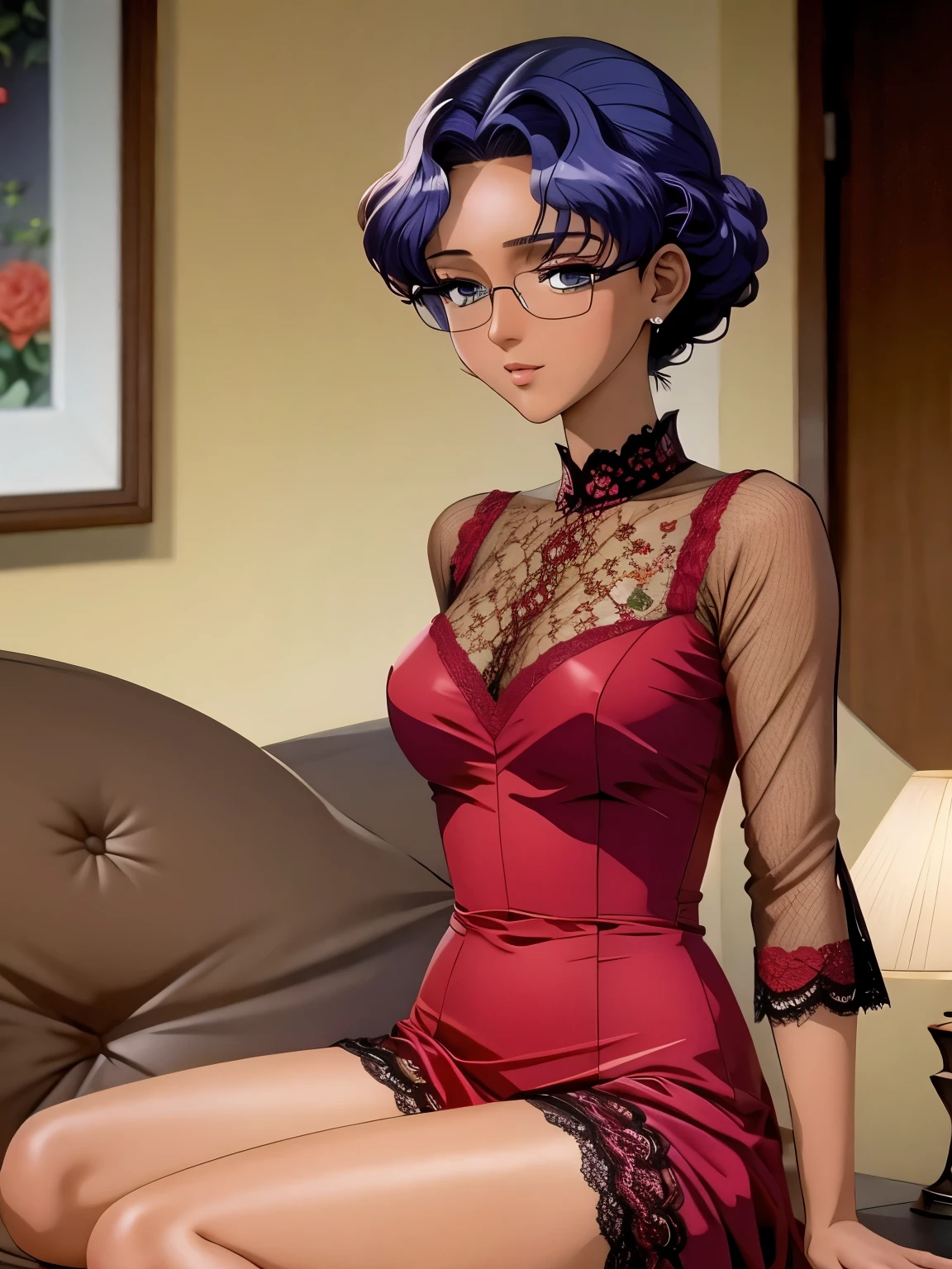 (masterpiece, best quality:1.2), Anki Himemiya,1 girl, alone,Eyes are exquisite and exquisite，Exquisite hair color，short hair( Wearing a long red lace dress:1.2)，Sitting on the sofa，too big,glowing skin，Black skin，wear glasses（（（shy expression）））blush