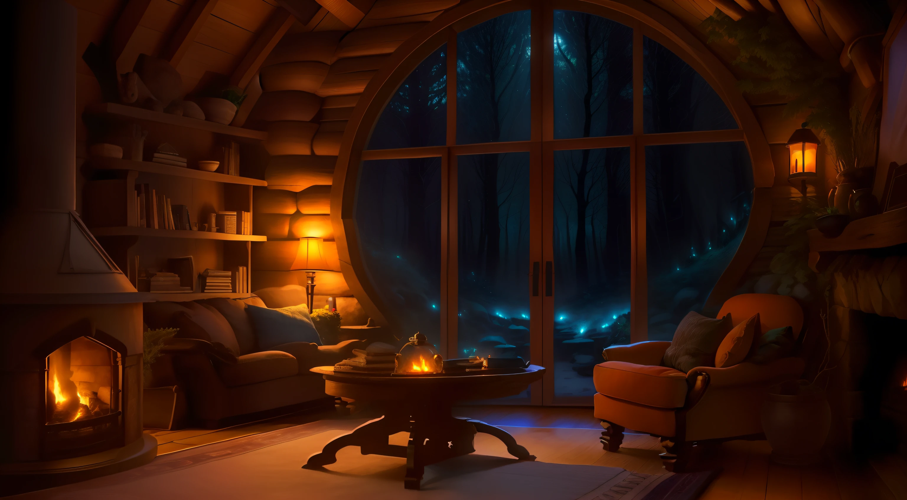 arafed room with a fireplace and a window with a view of the woods, large windows to forest at night, cozy place, cozy and peaceful atmosphere, cosy enchanted scene, cozy night fireflies, magical environment, cozy atmospheric, comfy ambience, cozy environment, inside on a rainy day, relaxing environment, in his hobbit home, interior of a hobbit hole