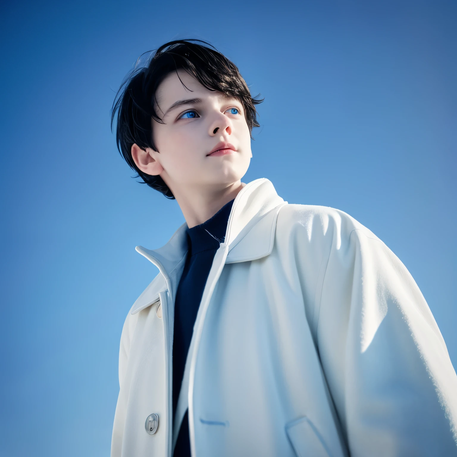 1 boy,,black hair,(Highest image quality),(reality:1.5),(bob hair),(blue eyes),cinematic lighting,wearing a white coat,beautiful image quality,snow background,Pose staring at the sky,masterpiece