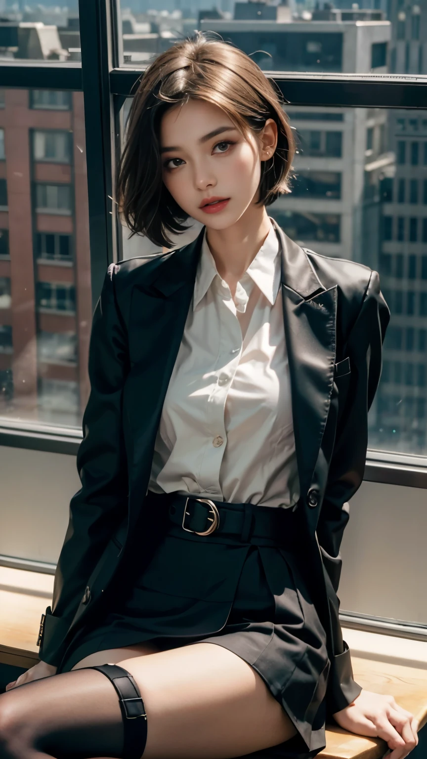 1 girl sitting on an office chair,Computer,(European model:1.3),30 years old,delicates,Business womenswear,(jaket:1.1),(The shirt:1.1),(Wrap skirt:1.1),jewelry,Hosiery,Stockings,black lence stockings,goosebumps,Goose - meat,(Fidelity:1.3),filigree,quality,(tmasterpiece:1.2),(Fidelity:1.2),(best qualtiy),(skin detailed:1.3),(Complicated details),dramatics,Ray traching,photore,Bathed in shadows,visual novel,The boss's office for a skyscraper,window with view on the city,filmgrain,depth of fields, cool beauty,tall girl,short cut hair, black hair,Precisely expresses details such as face and skin texture,beautiful eye,double eyelid,delicate skin,slender body shape,alone,small breasts,