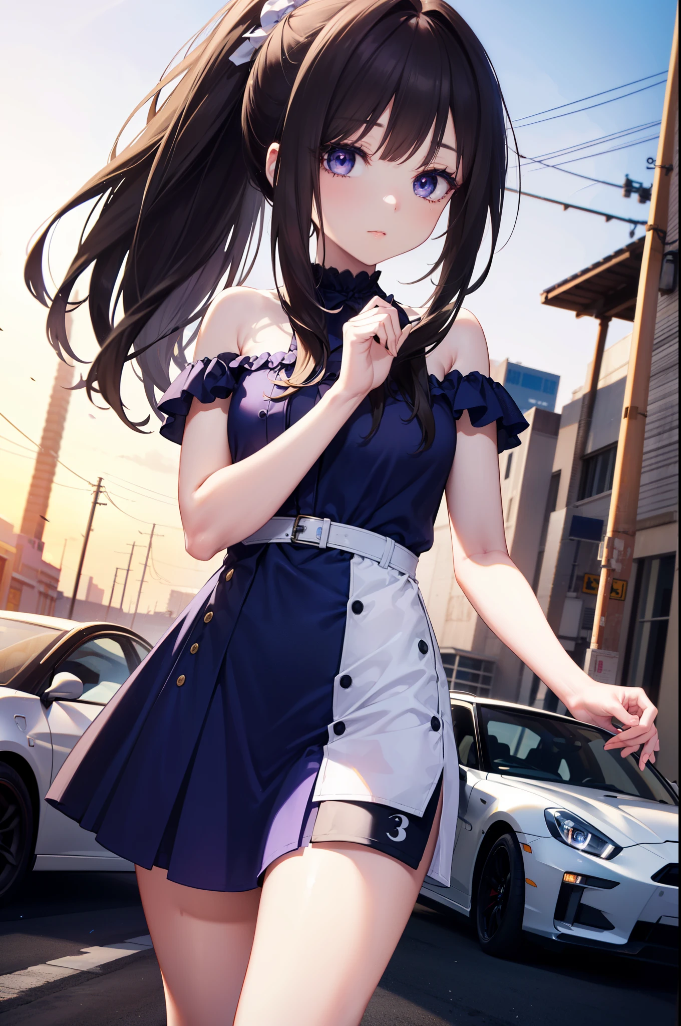 Takiuchi Kame, long hair, bangs,  black hair, (purple eyes:1.2),ponytail,blue dress,mini skirt,barefoot,Heel,(car　　　GTR34),carにもたれてる,
break outdoors, parking area,
break looking at viewer, (cowboy shot:1.5),
break (masterpiece:1.2), highest quality, High resolution, unity 8k wallpaper, (figure:0.8), (detailed and beautiful eyes:1.6), highly detailed face, perfect lighting, Very detailed CG, (perfect hands, perfect anatomy),