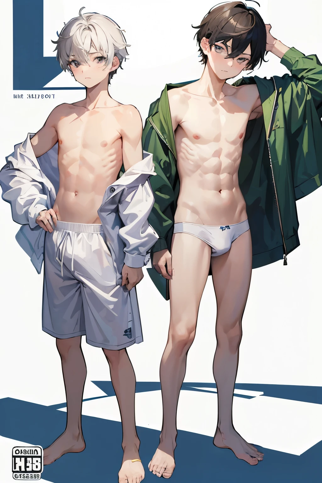 (best quality,masterpiece:1.3),absurdres,highres, ((2boys)),,17yo, swim briefs, , shota, full body, white background, cover your crotch with your hands, Topless, standing, embarrassed, wide shot, 裸足, 勃起したペニス,