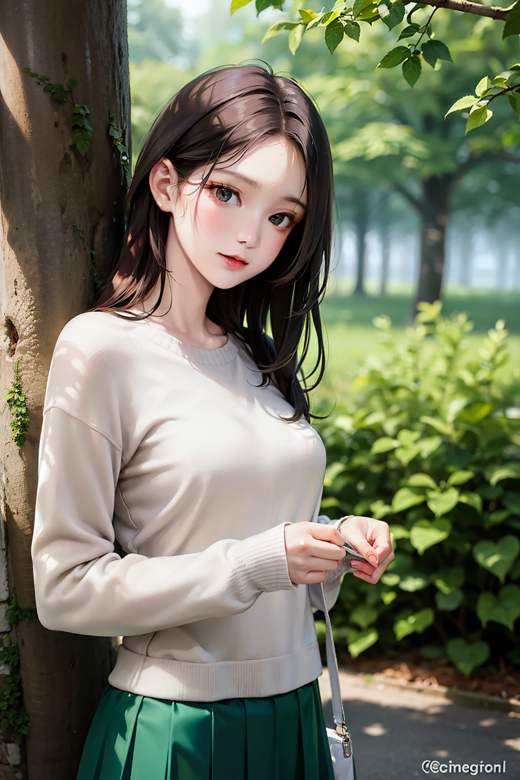 A woman standing in a fresh green forest, knit cut-and-sew, flared skirt, beautiful face that anyone can see, long black hair, leaning against a tree, twilight, artistic atmosphere, mysterious appearance, full of kindness, charm. woman,
