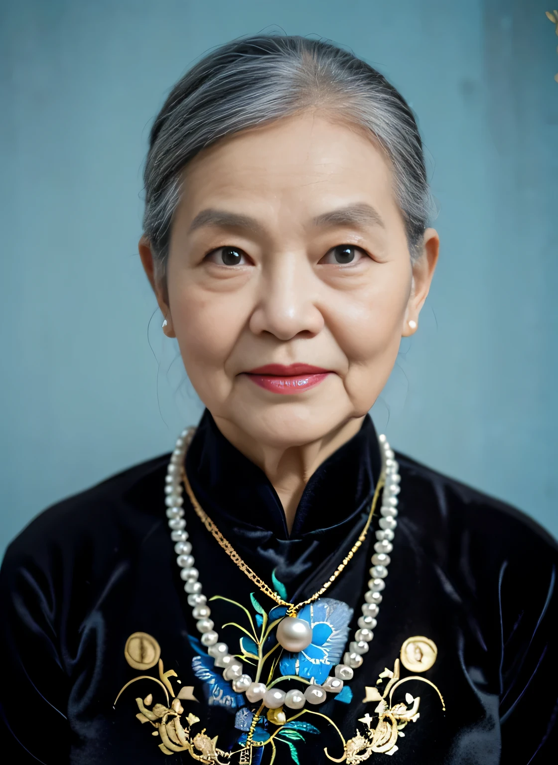 Highly realistic photo, ((masterpiece), (best quality), (raw photo), (photorealistic:1.4), Portrait of Vietnamese old woman, (85 years old), ((gray hair)), (wearing a black velvet ao dai), pearl necklaces and gold necklaces ,((light blue background)) , photo taken by Sony A7IV