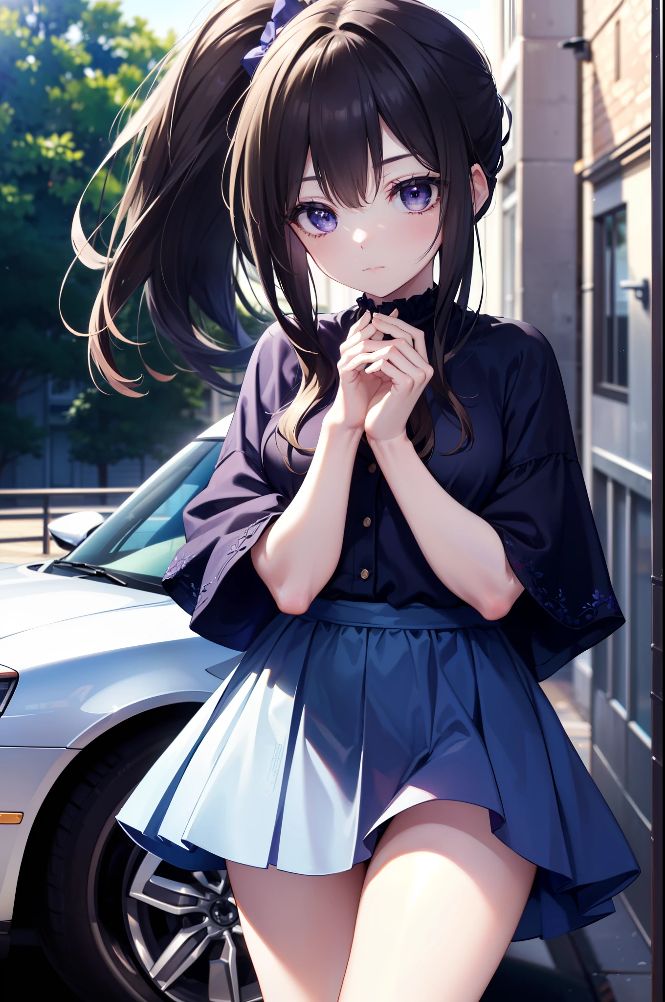 Takiuchi Kame, long hair, bangs, black hair, (purple eyes:1.2),ponytail,blue dress,mini skirt,barefoot,Heel,(car GTR34),carにもたれてる,
break outdoors, parking area,
break looking at viewer, (cowboy shot:1.5),
break (masterpiece:1.2), highest quality, High resolution, unity 8k wallpaper, (figure:0.8), (detailed and beautiful eyes:1.6), highly detailed face, perfect lighting, Very detailed CG, (perfect hands, perfect anatomy),
