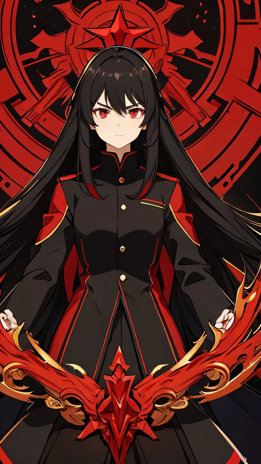girl with black long hair, wear red uniform, red eyes colours, serious face.