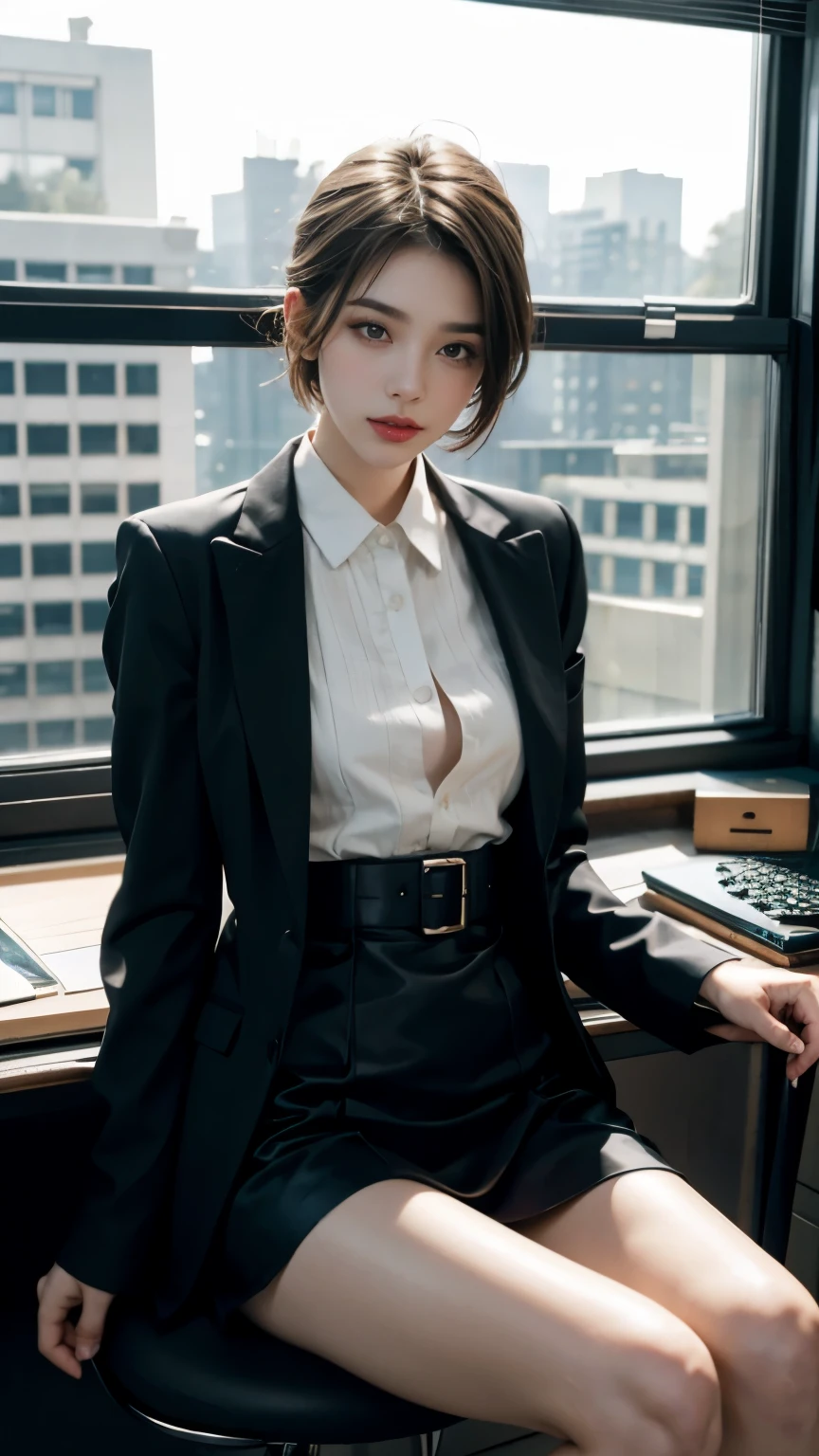 1 girl sitting on an office chair，Computer,(European model:1.3),30 years old,delicates,Business womenswear,(jaket:1.1),(The shirt:1.1),(Wrap skirt:1.1),jewelry,Hosiery,Stockings,black lence stockings，goosebumps,Goose - meat，（Fidelity：1.3），filigree，quality，（tmasterpiece：1.2），（Fidelity：1.2），（best qualtiy），（skin detailed：1.3），（Complicated details），dramatics，Ray traching，photore，Bathed in shadows，visual novel，The boss's office for a skyscraper，window with view on the city，filmgrain，depth of fields, cool beauty,tall girl,short cut hair, black hair,Precisely expresses details such as face and skin texture,beautiful eye,double eyelid,delicate skin,slender body shape,alone,small breasts,