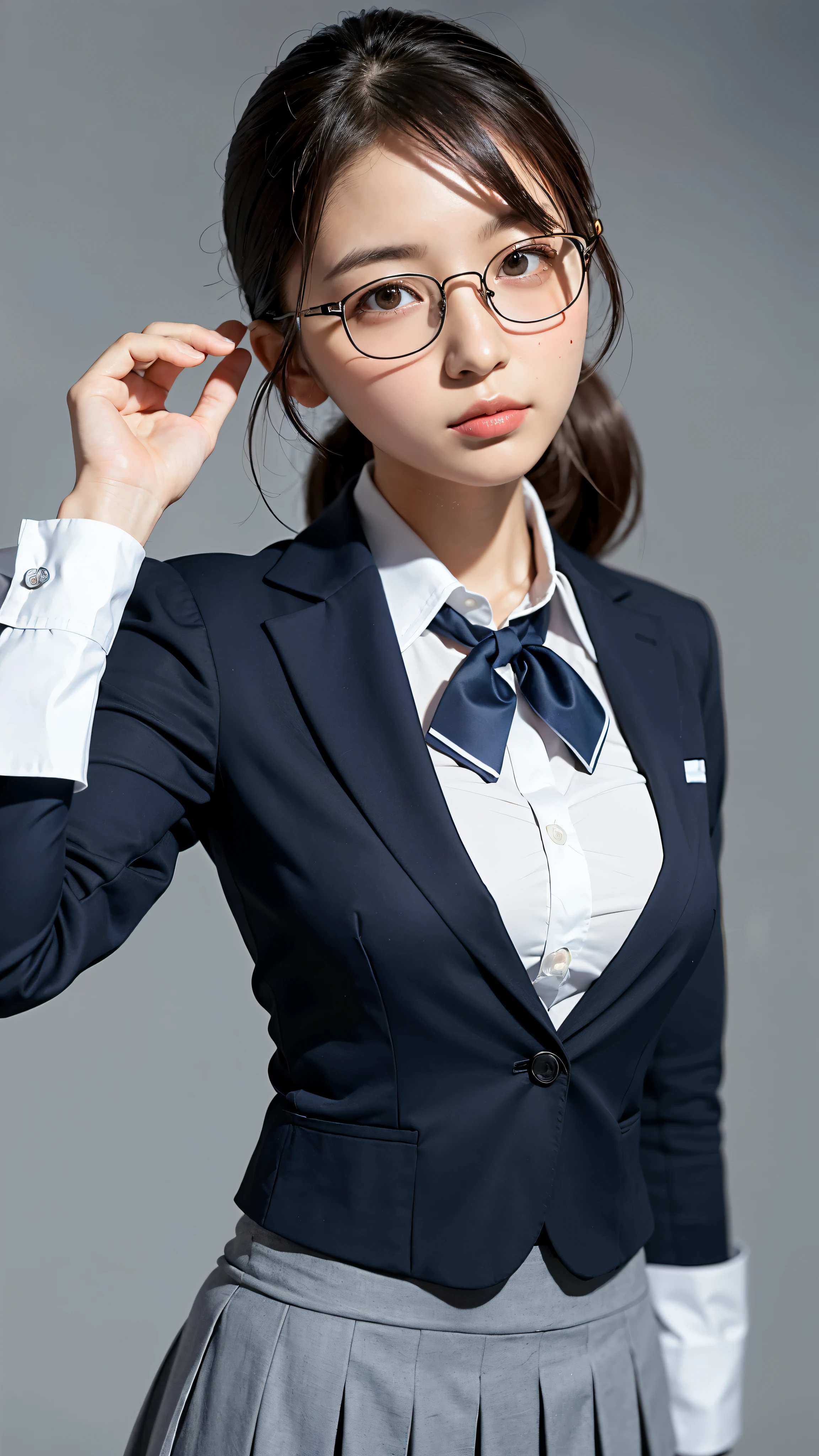 (highest quality、8k、32K、masterpiece、ticker:1.2)、photo of cute japanese woman、big and full breasts、low twin tails、high school girl、、13 only、mini skirt、blazer、Upper body、surface focus、((uniform))、simple background、、looking at the viewer、Glasses