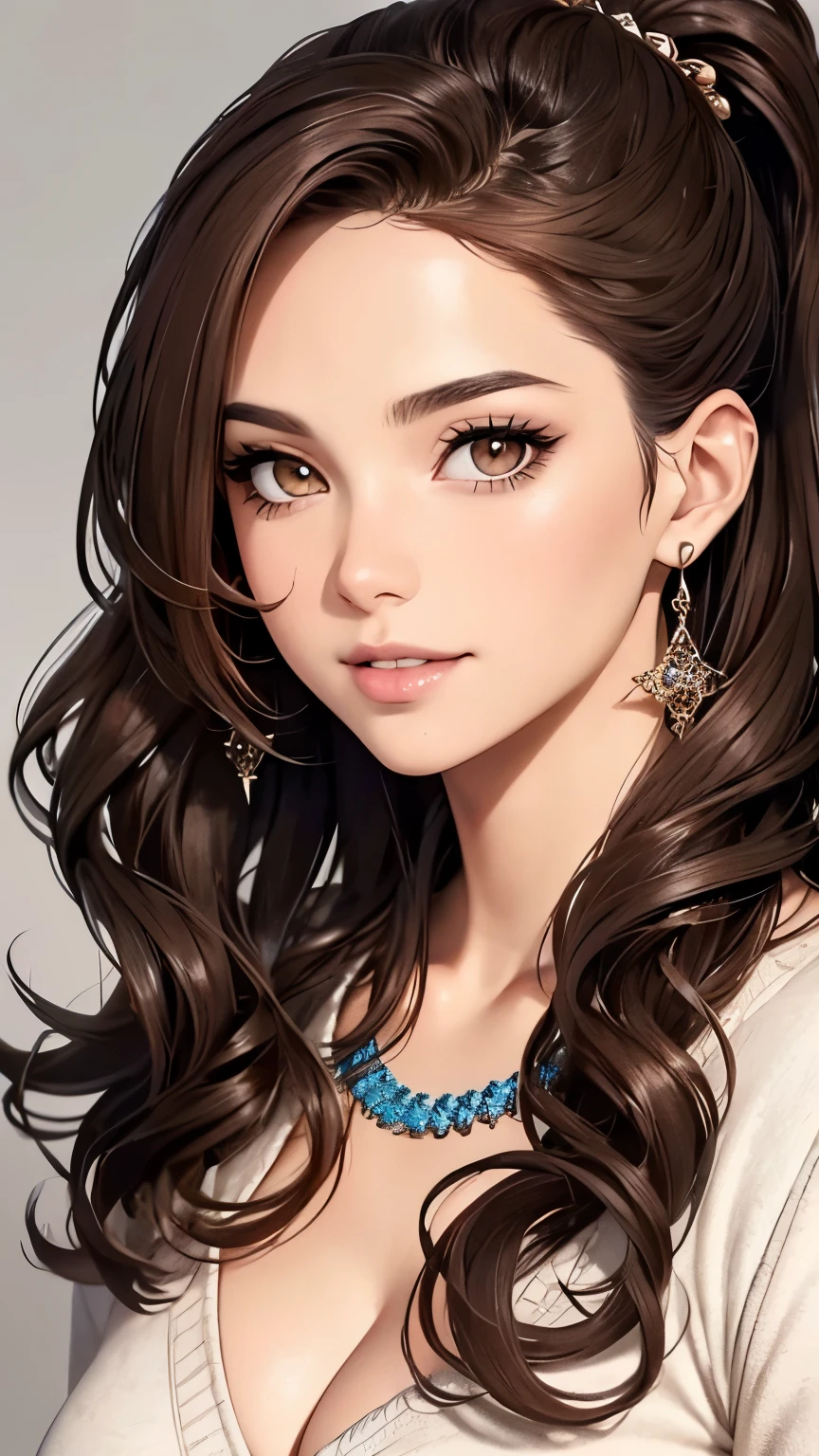 (1 photo from the front)Winter clothes, beautiful face, Highly detailed face and skin texture, (fine eyes), brown eyes, double eyelid, thin eyebrows, glitter eyeliner: 1.2, natural cheeks, glowing skin, Fair skin: 1. 2, shiny necklace and earrings, (glossy lips: 1. 4), (enchanting smile), (20-year-old), (high ponytail, wavy hair, brown hair, diagonal bangs), medium long hair, ((upper body shot)), (focus on chest and face), medium big breasts, swollen chest.