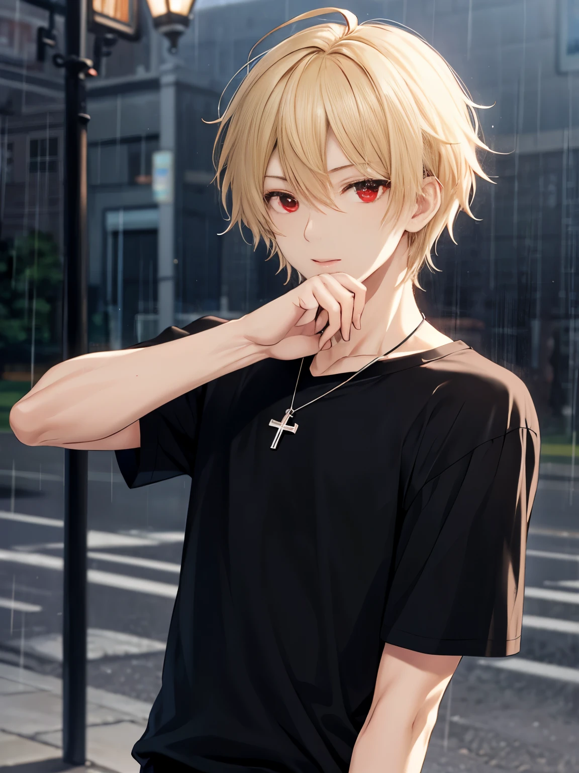 1 man,solo,20 years old,night, outdoors, rain,Hand catches something,half body photo,HD face,cross necklace,handsome,messy hair,Perfect face, detailed face, short hair, blonde hair,black t-shirt, Plain t-shirt,black t-shirt,short sleeve t-shirt,black trousers, Long pants,red eyes,bright red eyes, vampire