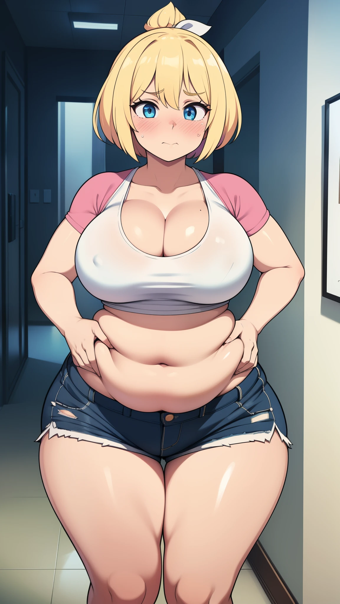 ((highres)), Masterpiece, high quality, best quality, beautiful, perfect lighting, detailed face, ultra cute face, ((1girl)), ((solo)), ((blush)), embarrassment, blonde hair, fluffy hair, blue eyes, crop top and shorts, tight clothes, clothes store, medium breasts, cleavage, perky breasts, (wide hips), ((thick thighs)), (chubby), fat folds, belly hang, standing next to each other, hand grabbing belly,