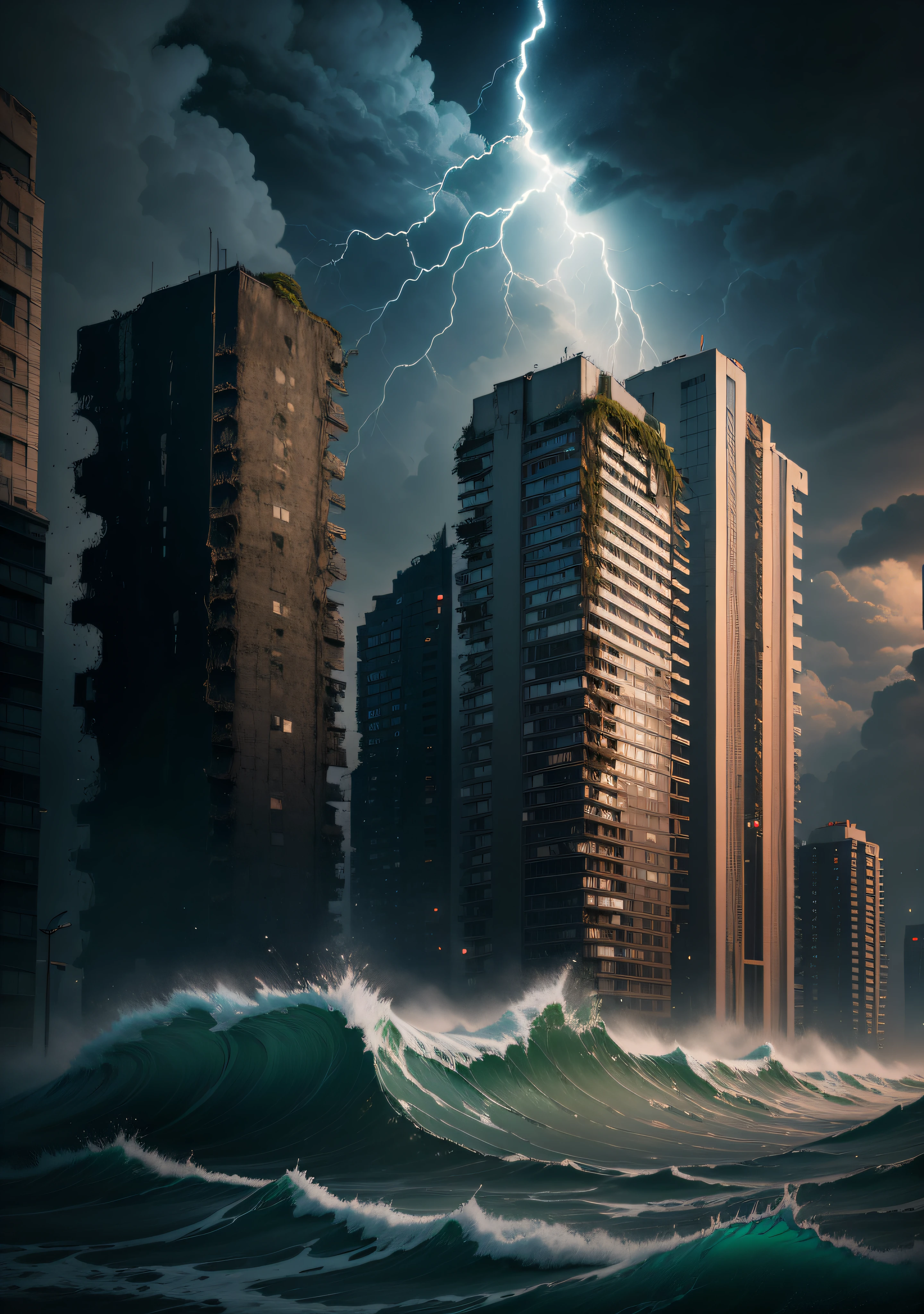 Heavy rainy weather，stormy，lightning，Lightbox signboard，Tsunamis hit apartment buildings one after another，Waves crashing against the apartment building，Waves flooded the lower floors of the apartment building，The tsunami flooded apartment buildings，Volcanic eruptions in the distance，The hurricane surrounded the apartment building，end of the world，twilight hour，Twilight weather，The end of humanity，rundown buildings，ruins，Realistic scene，Ultra-clear，many details