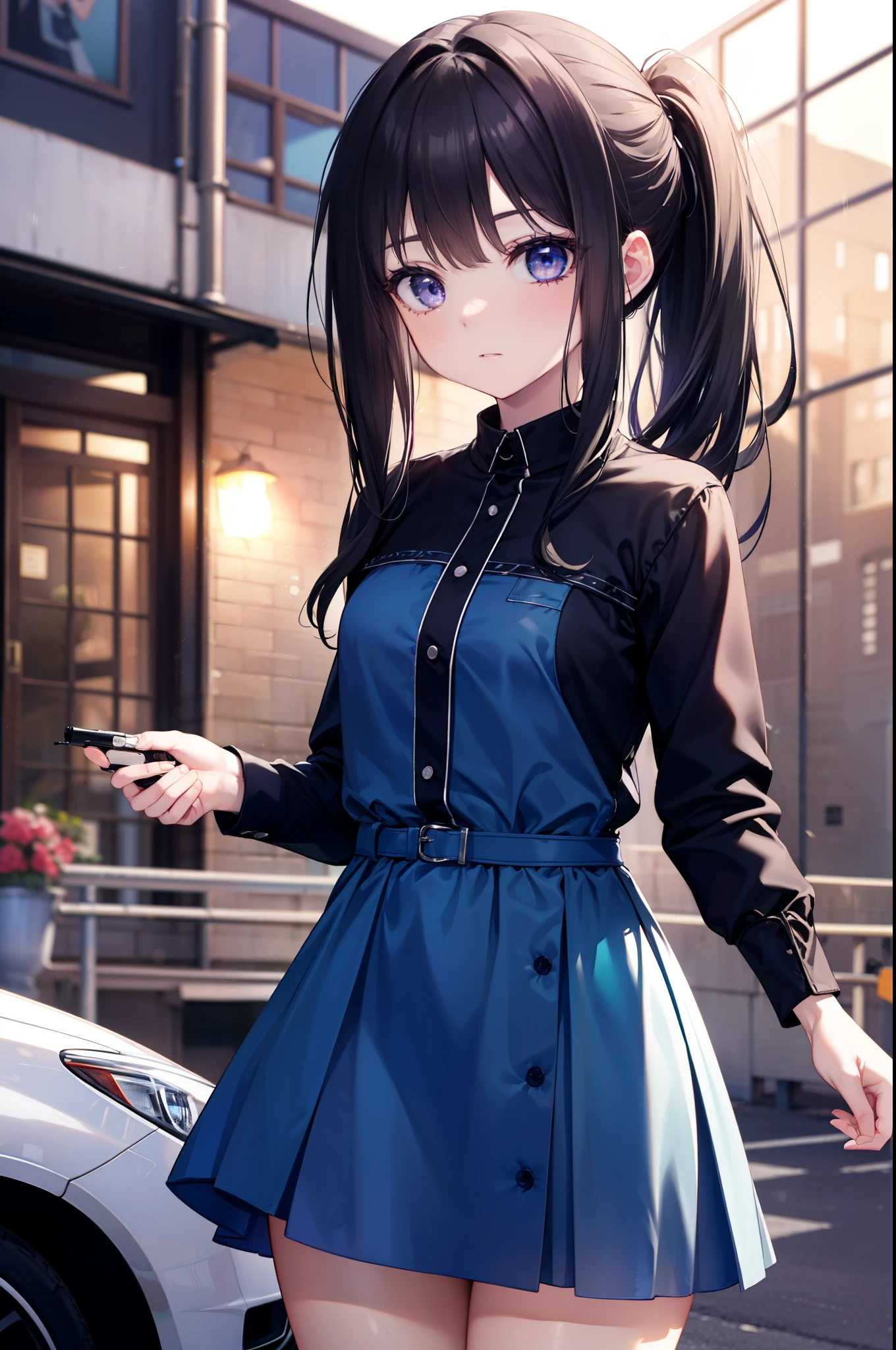 Takiuchi Kame, long hair, bangs, black hair, (purple eyes:1.2),ponytail,blue dress,mini skirt,barefoot,Heel,(car GTR34),carにもたれてる,
break outdoors, parking area,
break looking at viewer, (cowboy shot:1.5),
break (masterpiece:1.2), highest quality, High resolution, unity 8k wallpaper, (figure:0.8), (detailed and beautiful eyes:1.6), highly detailed face, perfect lighting, Very detailed CG, (perfect hands, perfect anatomy),