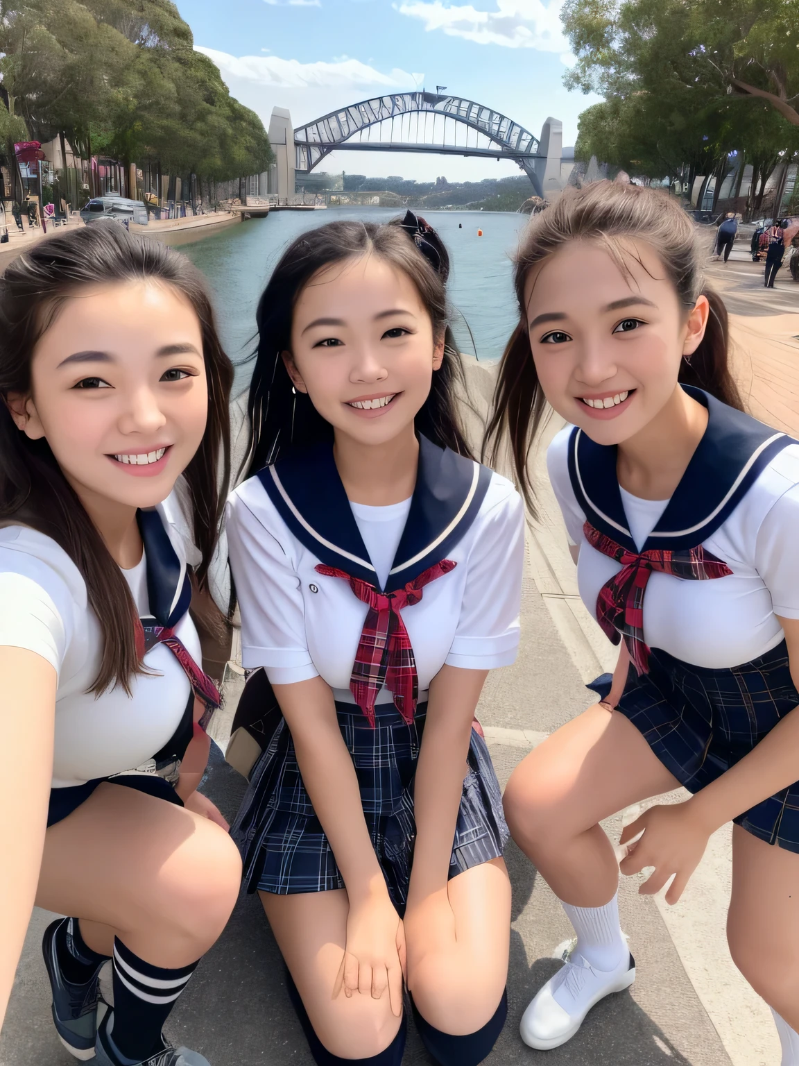 (8k、RAW photo、highest quality)、detailed background、beautiful and detailed face、beautiful and smooth skin、skin texture、professional lighting、Beautiful teenage girl、(three women)、(huge breasts: 1.2)、

cute sailor suit、Pleated mini skirt with tartan plaid pattern、side pony、ponytail、cute hairstyle、ニーhigh socks、high socks、
selfie、school trip、laughter、smile、sexual expression、sydney、Australia、Opera House、harbor bridge、darling harbor、bondi beach
、You can also take photos with famous landmarks and symbols of your travel destination.