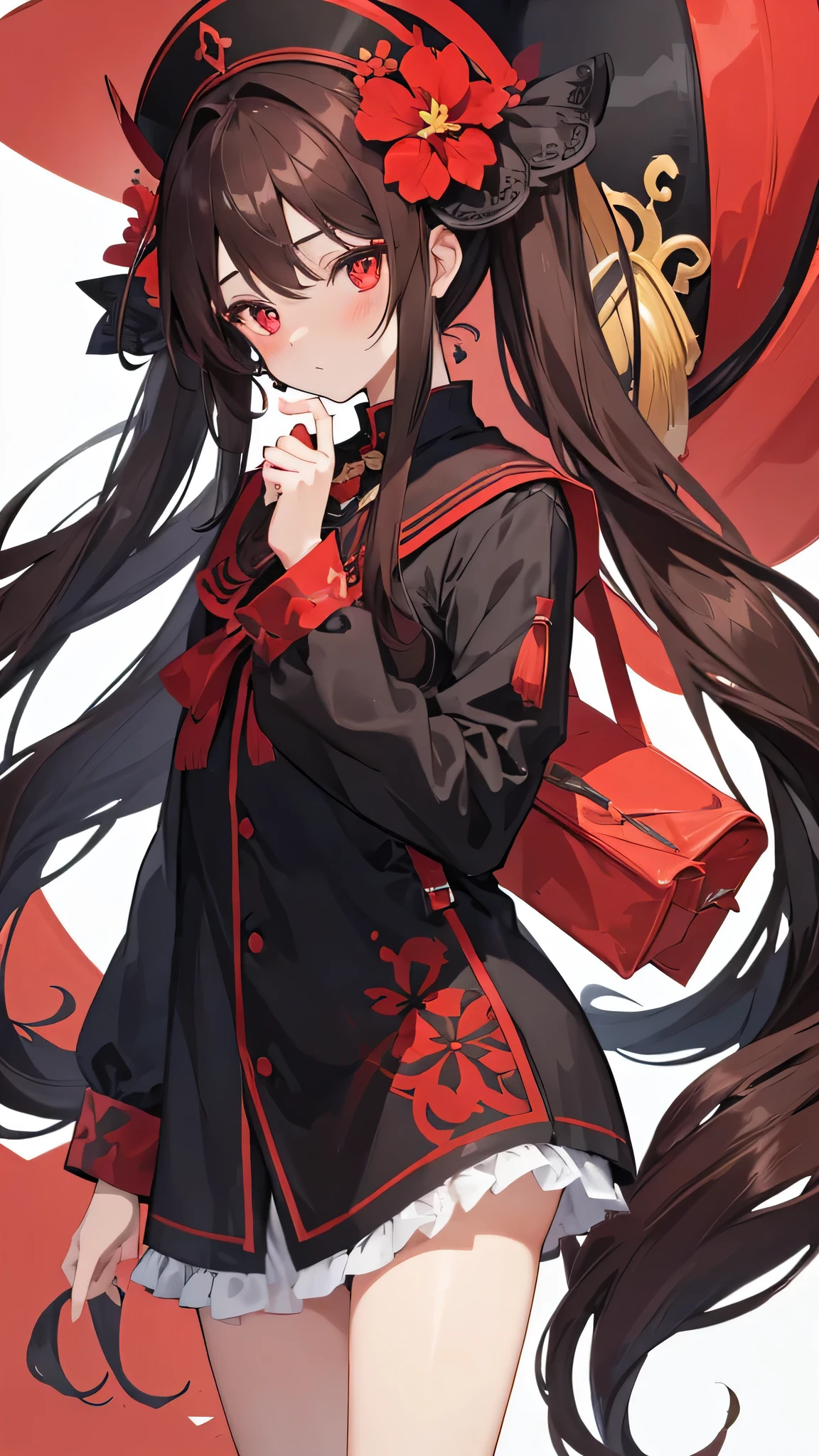 f4nt4nsy style pickyufutao, 1 girl, brown hair, long hair, pupil in the shape of a symbol, alone, red eyes, looking at the viewer, twin tails, flower, have, long sleeve, bangs, blush, jewelry, have flower, black hat 