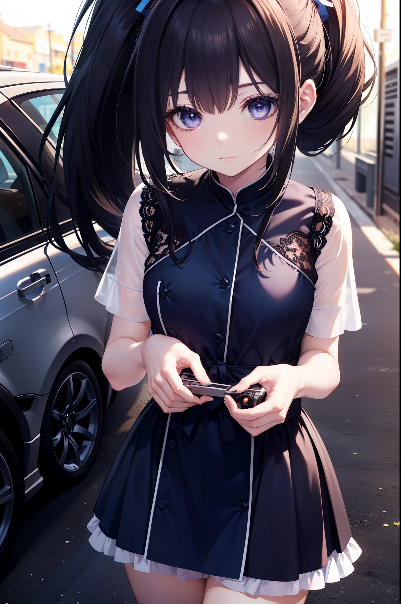 Takiuchi Kame, long hair, bangs, black hair, (purple eyes:1.2),ponytail,blue dress,mini skirt,barefoot,Heel,(car GTR34),carにもたれてる,
break outdoors, parking area,
break looking at viewer, (cowboy shot:1.5),
break (masterpiece:1.2), highest quality, High resolution, unity 8k wallpaper, (figure:0.8), (detailed and beautiful eyes:1.6), highly detailed face, perfect lighting, Very detailed CG, (perfect hands, perfect anatomy),