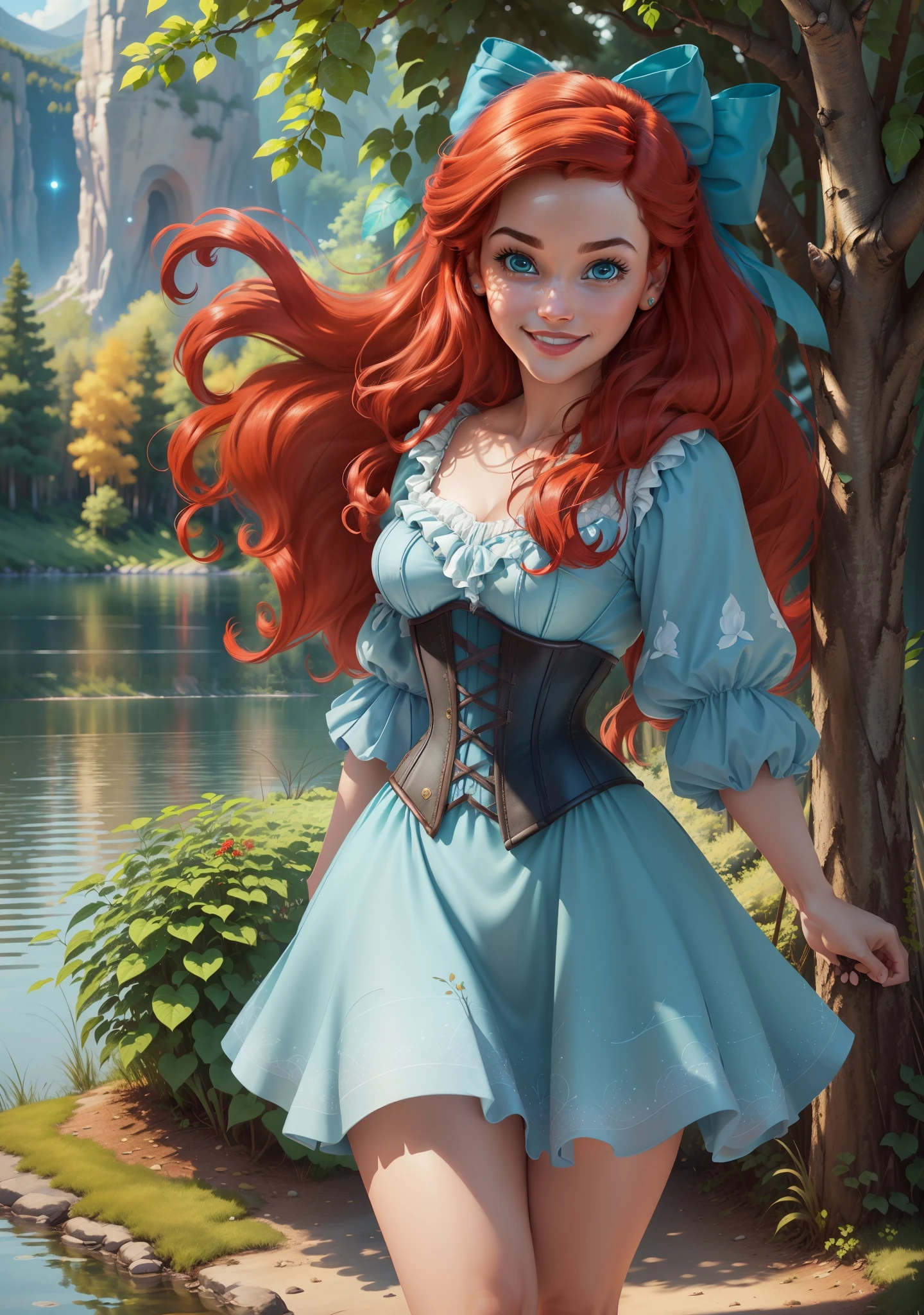 Photorealistic,photography, (ArielWaifu:1), smile, cute, beautiful pose, looking at the viewer, thick thighs, (blue dress, hair bow, corset), walking, from below, bright red hair, (realistic: 1.2), (realism), (masterpiece: 1.2), (best quality), (ultra detailed), (8k, 4k, intricate), (full-body-shot: 1), (Cowboy-shot: 1.2), (85mm), light particles, lighting, (highly detailed: 1.2), (detailed face: 1.2), (gradients), sfw, colorful, (detailed eyes: 1.2),
(detailed landscape, night, lake, magic forest, plants: 1.2), (detailed background), detailed landscape, (dynamic angle: 1.2), (dynamic pose: 1.2), (rule of third_composition:1.3), (line of action: 1.2), wide shot, daylight, soil,