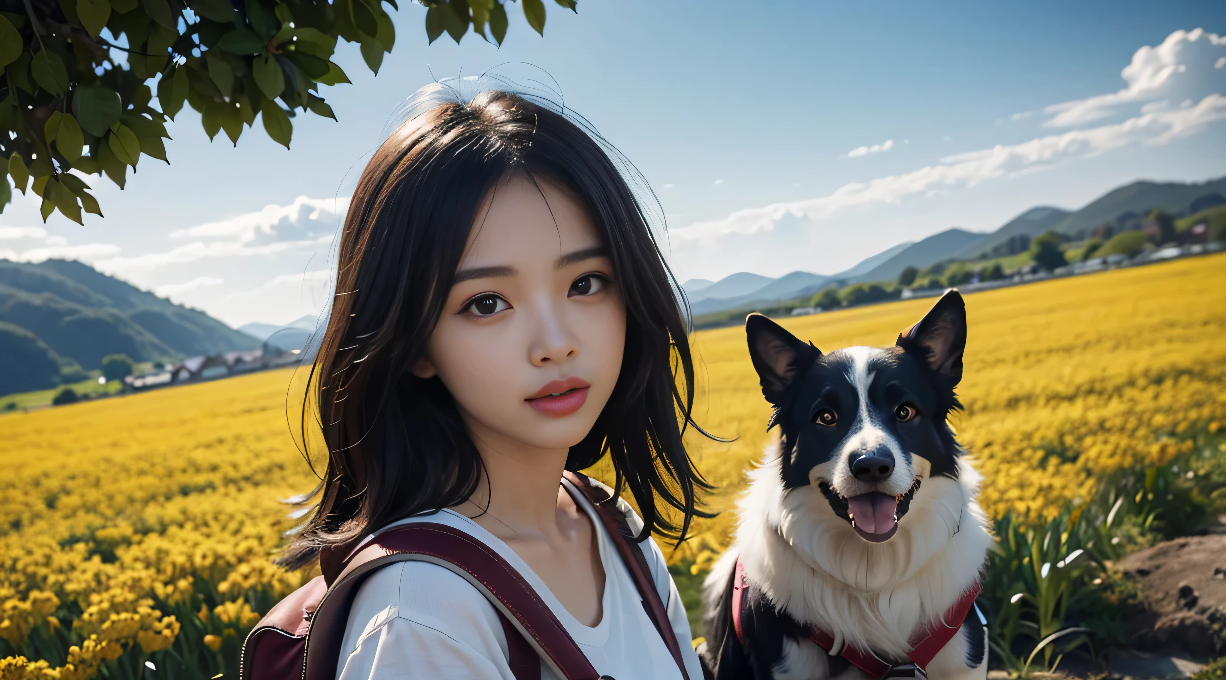 Very attractive  with a backpack，and her adorable border collie，Bask in the beautiful scenery of spring，It is surrounded by a sea of brilliant yellow flowers。This illustration is a cartoon-style HD picture，Detailed facial features and fine details are clearly revealed，Resolution up to 4K。