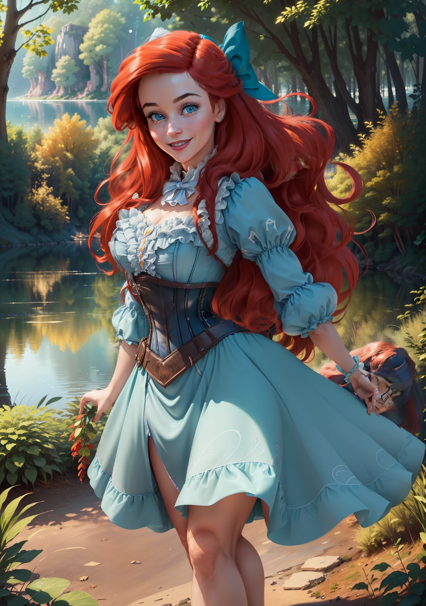 Photorealistic,photography, (ArielWaifu:1), smile, cute, beautiful pose, looking at the viewer, thick thighs, (blue dress, hair bow, corset), walking, from below, bright red hair, (realistic: 1.2), (realism), (masterpiece: 1.2), (best quality), (ultra detailed), (8k, 4k, intricate), (full-body-shot: 1), (Cowboy-shot: 1.2), (85mm), light particles, lighting, (highly detailed: 1.2), (detailed face: 1.2), (gradients), sfw, colorful, (detailed eyes: 1.2),
(detailed landscape, night, lake, magic forest, plants: 1.2), (detailed background), detailed landscape, (dynamic angle: 1.2), (dynamic pose: 1.2), (rule of third_composition:1.3), (line of action: 1.2), wide shot, daylight, soil,