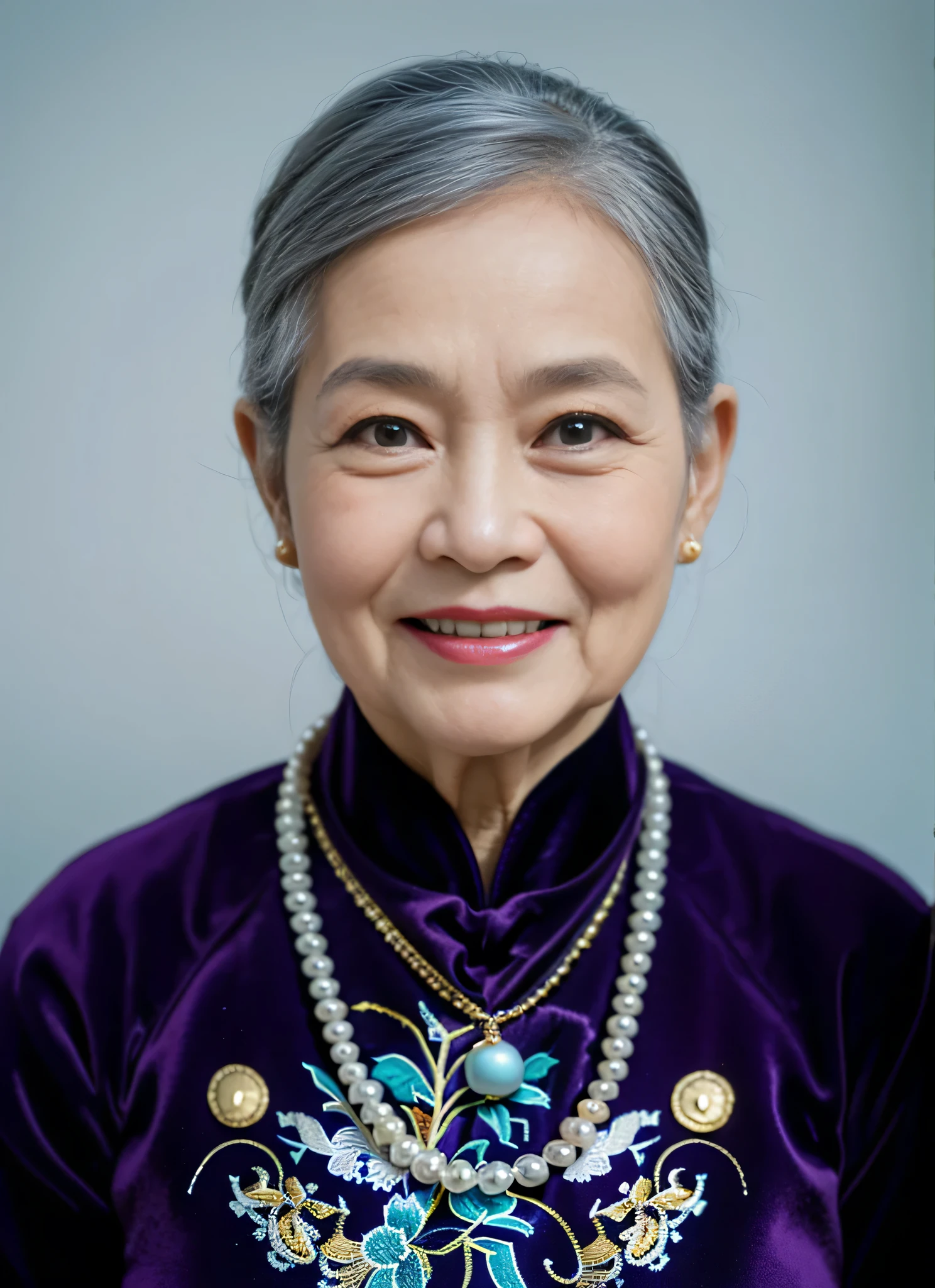 Highly realistic photo, ((masterpiece), (best quality), (raw photo), (photorealistic:1.4), Portrait of Vietnamese old woman, (85 years old),((smile with open teeth)), ((gray hair)), (wearing a dark velvet ao dai), pearl necklaces and gold necklaces ,((light blue background)) , photo taken by Sony A7IV