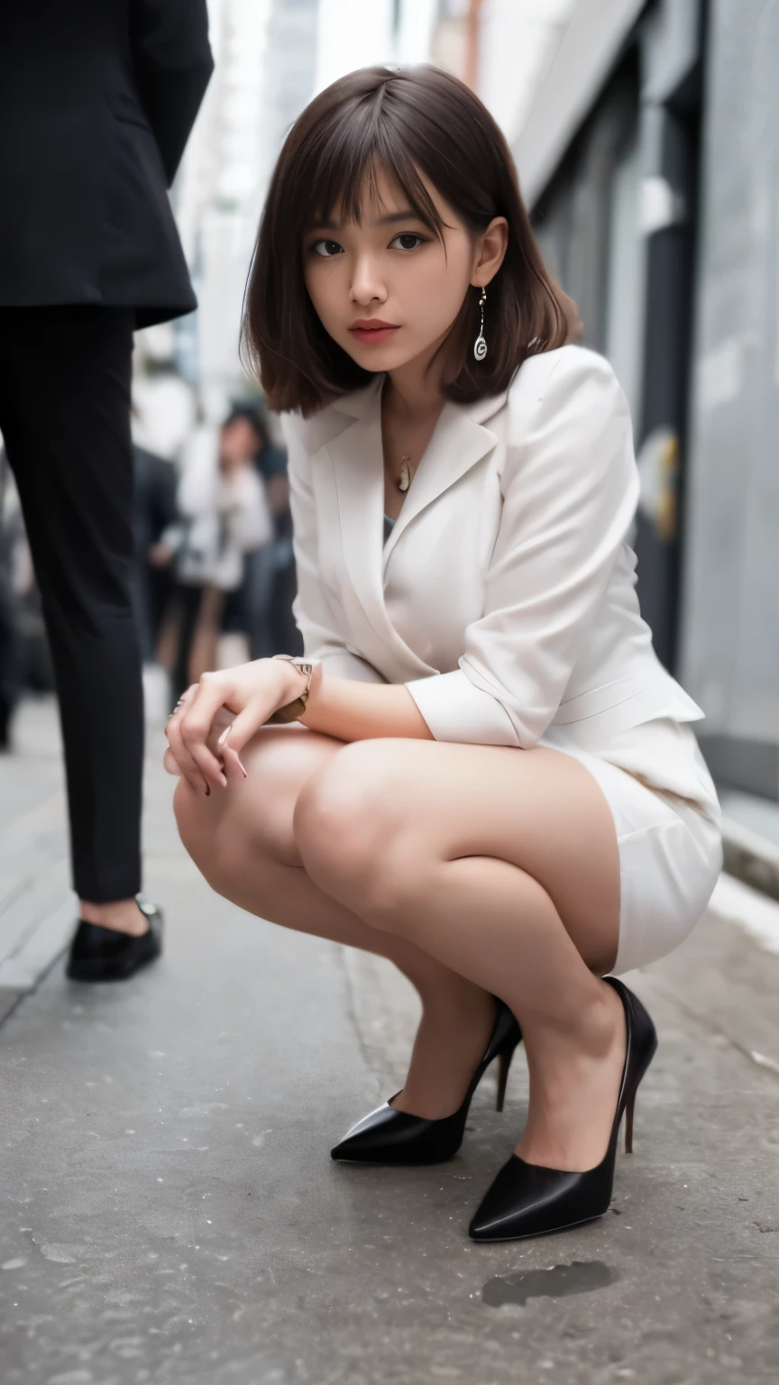 (Surrealism, RAW photo, Nikon, 8k, super detail, masterpiece, intricate details, realistic lighting),
(anatomically correct, very accurate human body, highly detailed face, realistic skin, realistic),
(16 years old, Japanese girl, slim waist and busty body, Slender long legs, large breast, baby face, affectionate cute, surreal woman),
(round face, black hair, short bob cut, bangs, Down-slating eyebrows, Moist eyes, one little earring, light blush),
((street snap, random pose)),
(look at camera, stare at viewer:1.3),
((office worker, business suit, business bags, high heel)),
(Tokyo, Main street, very crowded road),
Natural lighting, full length, whole body,