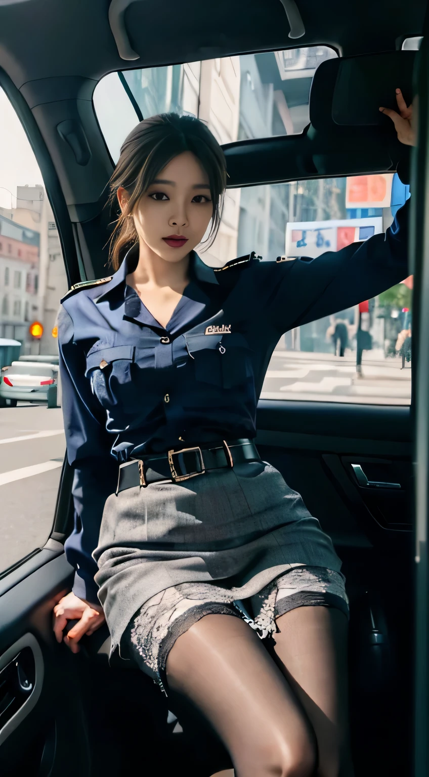 Posing in city police car, photo,Raised sexy, police Officials, dressed as a police officer, bobby, Official, , Full set of equipment, female police chief, Korean fashion model,Tight,hip-covering skirt,Tight hip-hugging short skirt,High heel,pear shaped body,long legs,wear different colors,White skin,lace up pantyhose