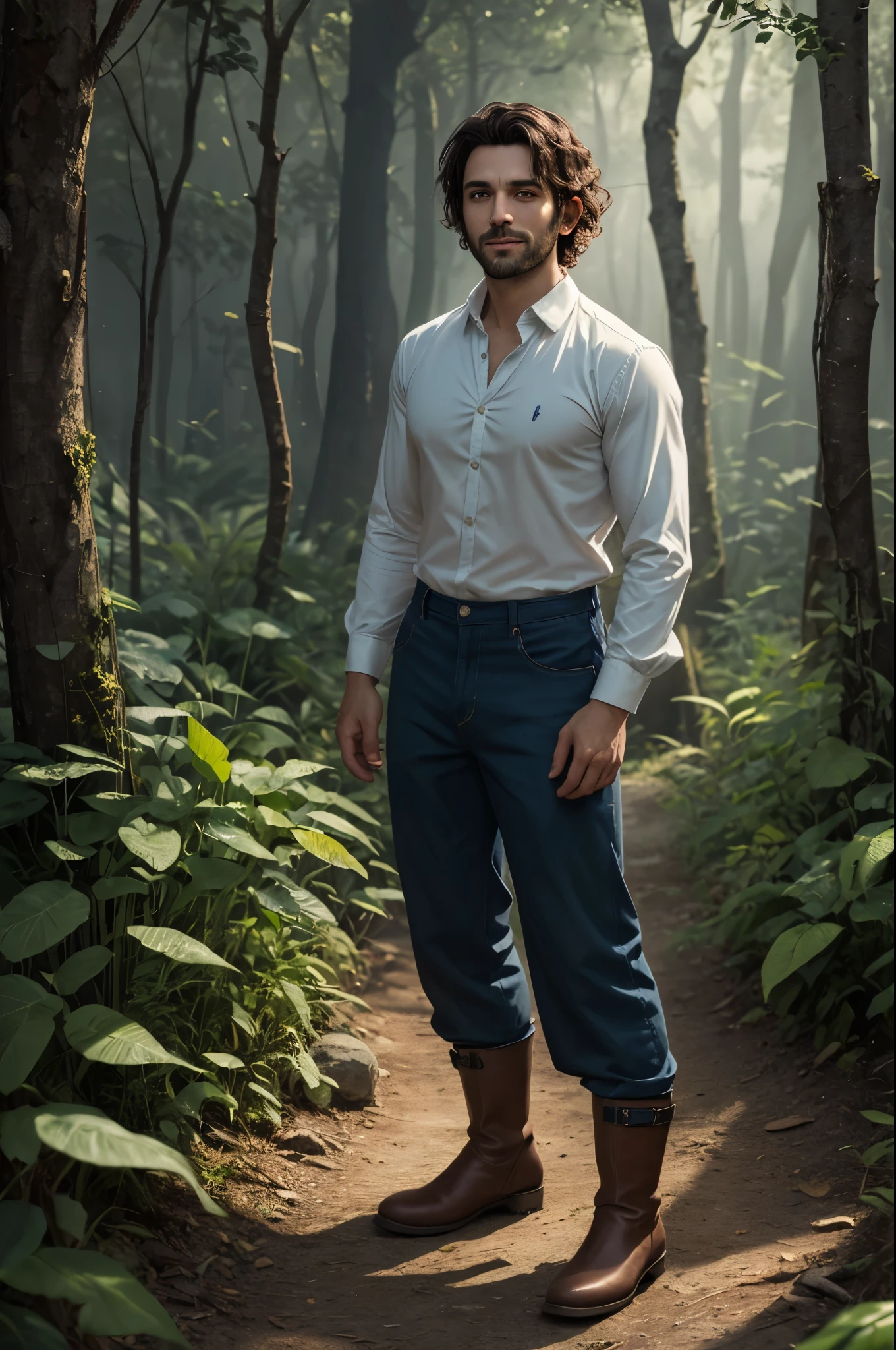 Halfling man, handsome, 30 years old, curly hair, (pointed ears), square face, ((full body)), stocky, tanned, cleanshaven, colorful red and blue gypsy clothing, shirt unbuttoned half way, pantaloons, short boots, in a green forest. looking at viewer, slight smile, watercolor illustration, dramatic lighting, (depth of field), ((masterpiece)), ((best quality)), ((highly detailed))
