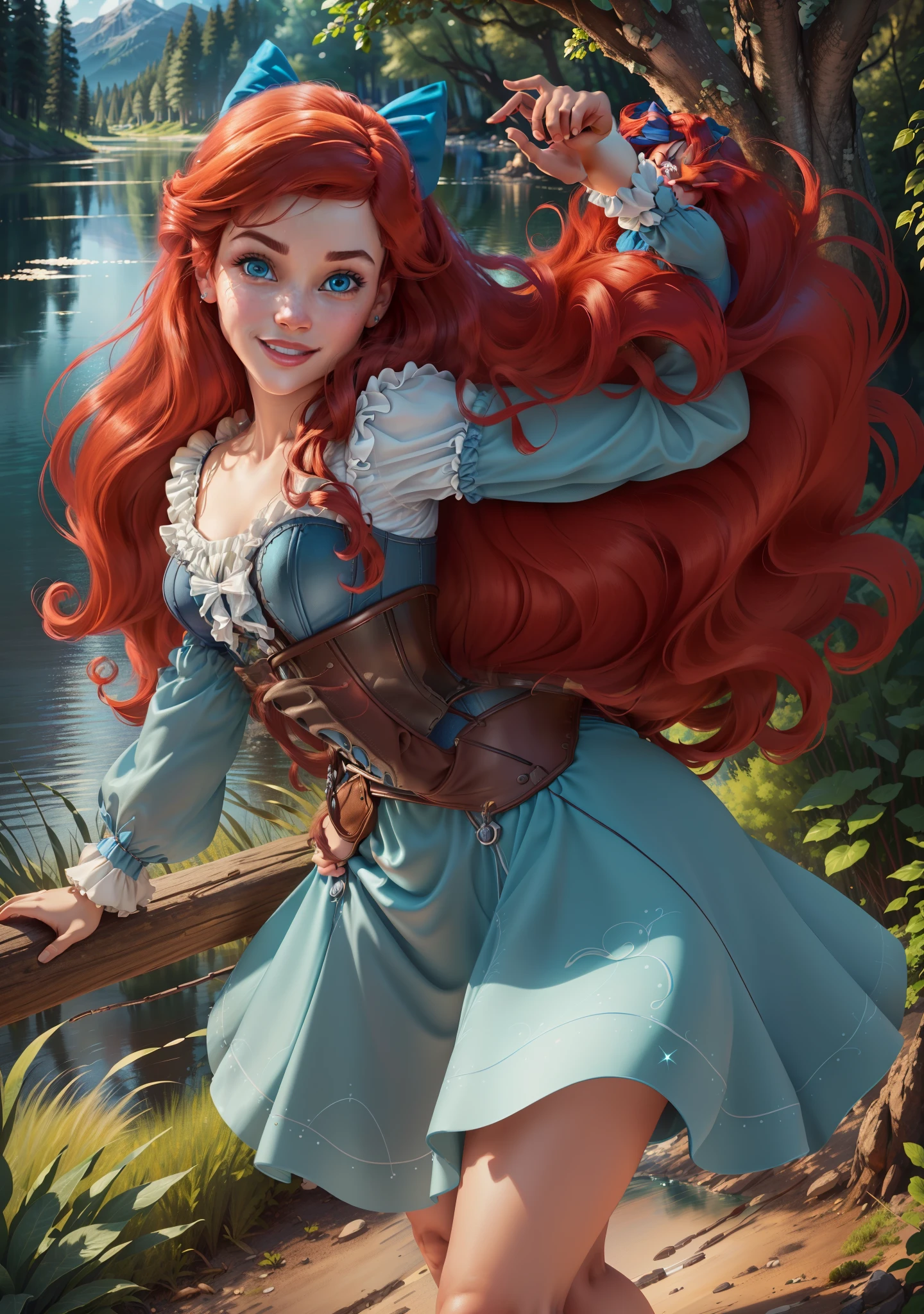 Photorealistic,photography, (ArielWaifu:1), smile, cute, beautiful pose, looking at the viewer, thick thighs, (blue dress, hair bow, corset), walking, from below, bright red hair, (realistic: 1.2), (realism), (masterpiece: 1.2), (best quality), (ultra detailed), (8k, 4k, intricate), (full-body-shot: 1), (Cowboy-shot: 1.2), (85mm), light particles, lighting, (highly detailed: 1.2), (detailed face: 1.2), (gradients), sfw, colorful, (detailed eyes: 1.2),
(detailed landscape, night, lake, magic forest, plants: 1.2), (detailed background), detailed landscape, (dynamic angle: 1.2), (dynamic pose: 1.2), (rule of third_composition:1.3), (line of action: 1.2), wide shot, daylight, soil,