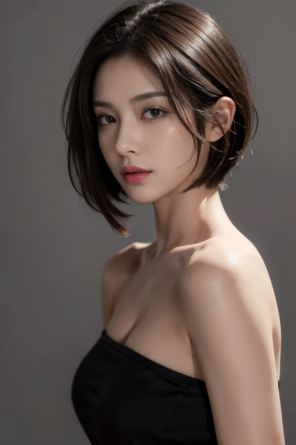 Tight black top:1.2, looking at the audience, light, perfect, soft light, High resolution skin:1.2, Realistic skin texture, 30 years old adult、small face、No makeup、, Off the shoulders,Bust B cup、 Naked trench, red eyes, short hair, dark brown hair,gray background、