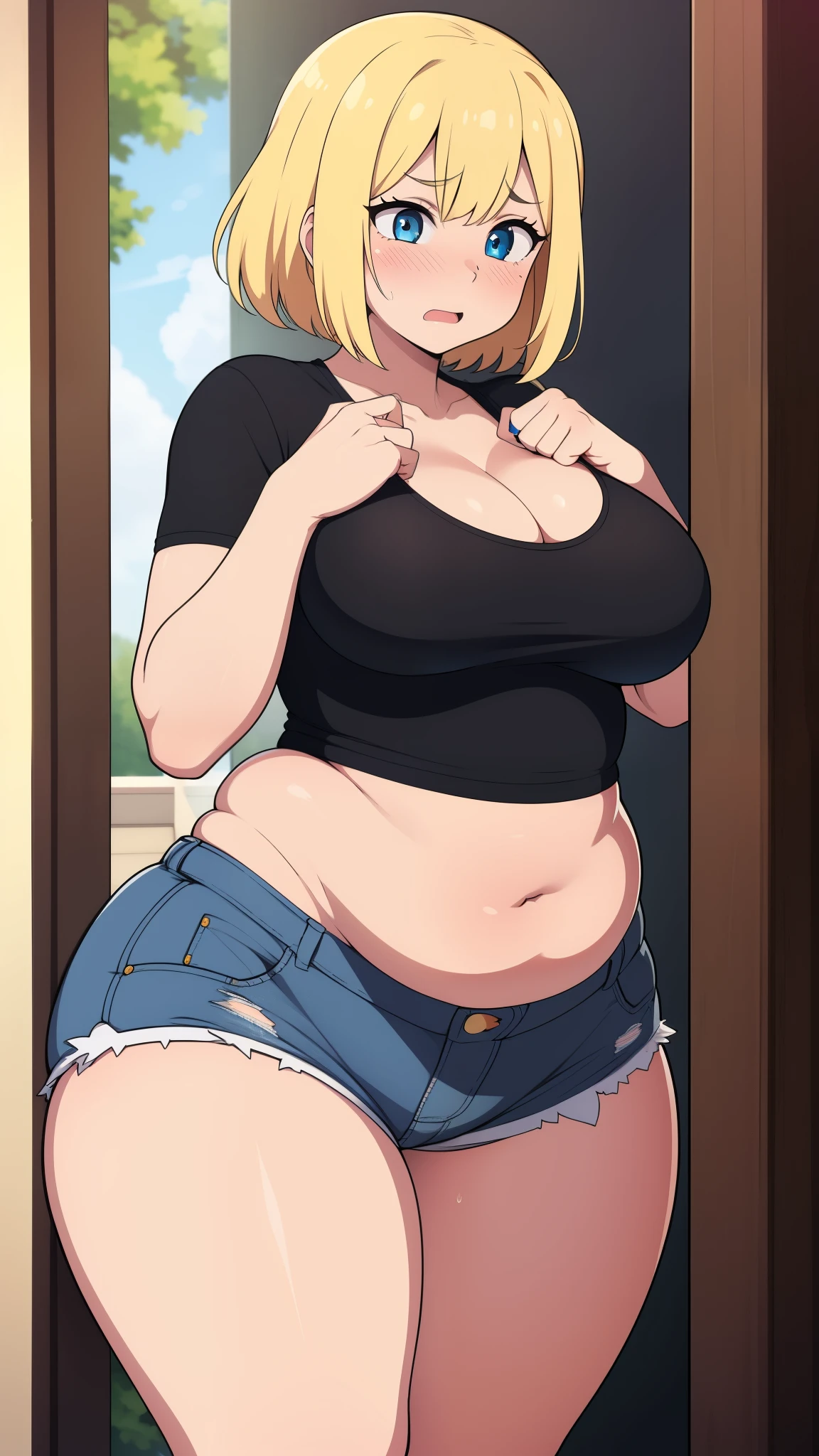 ((highres)), Masterpiece, high quality, best quality, beautiful, perfect lighting, detailed face, ultra cute face, ((1girl)), ((solo)), ((blush)), embarrassment, blonde hair, fluffy hair, blue eyes, crop top and shorts, tight clothes, clothes store, medium breasts, cleavage, perky breasts, (wide hips), ((thick thighs)), (chubby), fat folds, belly hang,