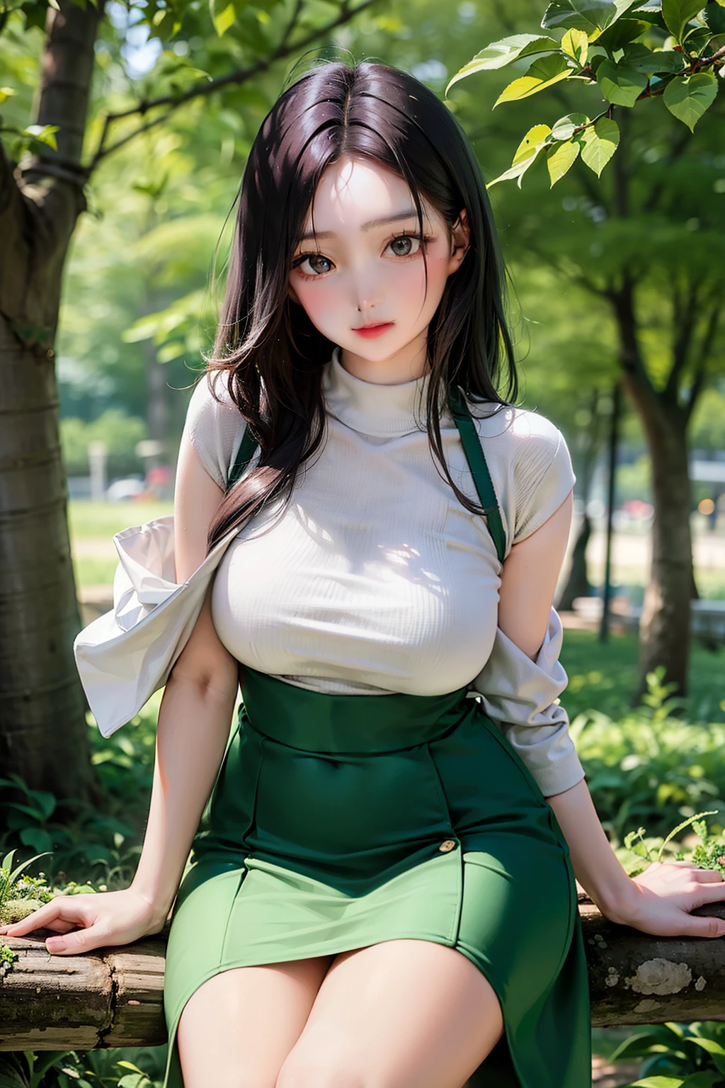 A woman standing in a fresh green forest, knit cut-and-sew, flared skirt, beautiful face that anyone can see, long black hair, leaning against a tree, twilight, artistic atmosphere, mysterious appearance, full of kindness, charm. woman,