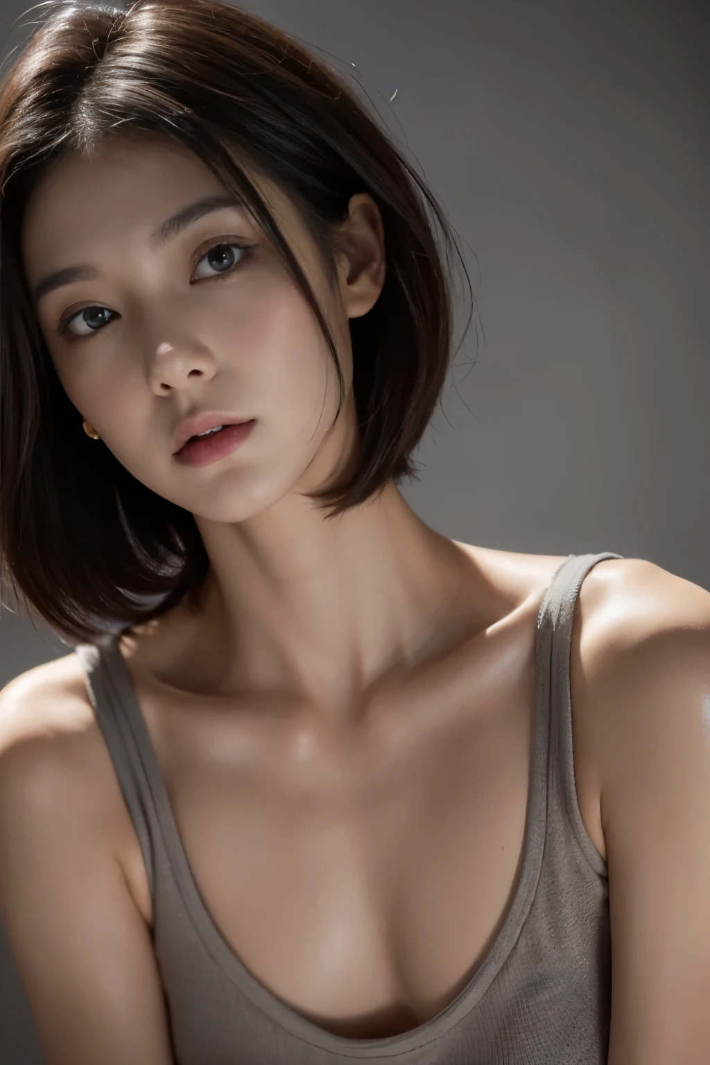 Tight black top:1.2, looking at the audience, light, perfect, soft light, High resolution skin:1.2, Realistic skin texture, 30 years old adult、small face、No makeup、, Off the shoulders,Bust B cup、 Naked trench, red eyes, short hair, dark brown hair,gray background、