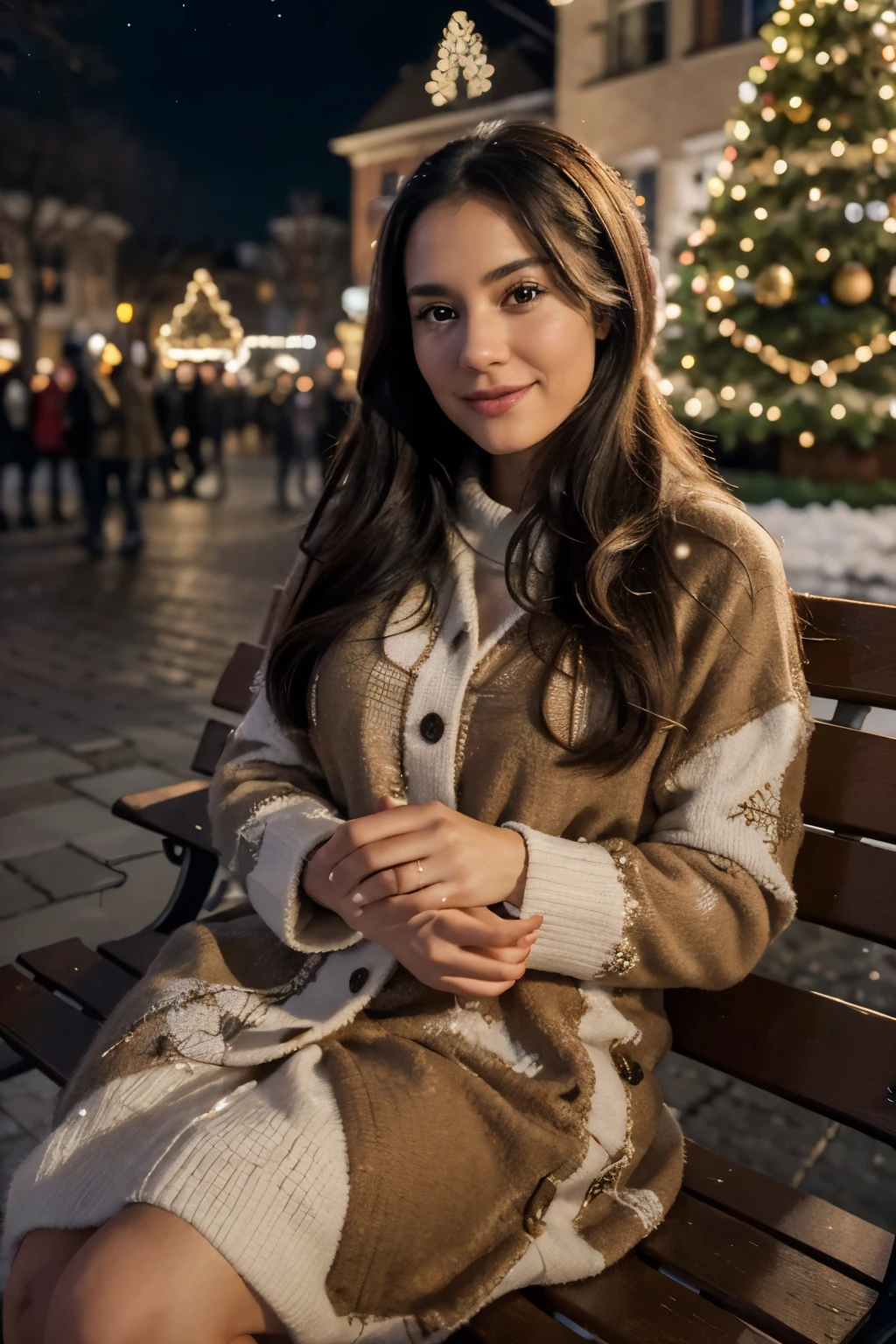 (best quality,4k,8k,highres,masterpiece:1.2),ultra-detailed,(realistic,photorealistic,photo-realistic:1.37),Latina woman,30-year-old woman, long black hair,honey-colored eyes,smiling,beautiful detailed eyes,detailed facial features,gorgeous,graceful,attractive,outdoors,coat, sitting on a bench in a square,peaceful atmosphere,Christmas tree behind her,full of colorful lights,glowing lights,illuminated tree,a beautiful night,sparkling stars,shimmering lights,chilly winter night,peaceful ambiance,serene environment,warm atmosphere,warmth,calm,tranquility,happy,contemplating,sophisticated,comfortable,feminine,stylish,relaxed,pensive,cosy,feeling nostalgic,aesthetic,uplifting,enchanted,caroling,celebratory,harmonious,joy,happiness,festive,dreamy,winter wonderland,magical,enchanting,wishing for a wonderful Christmas,enjoying the moment,city square,urban backdrop,welcoming,inviting,cozy bench