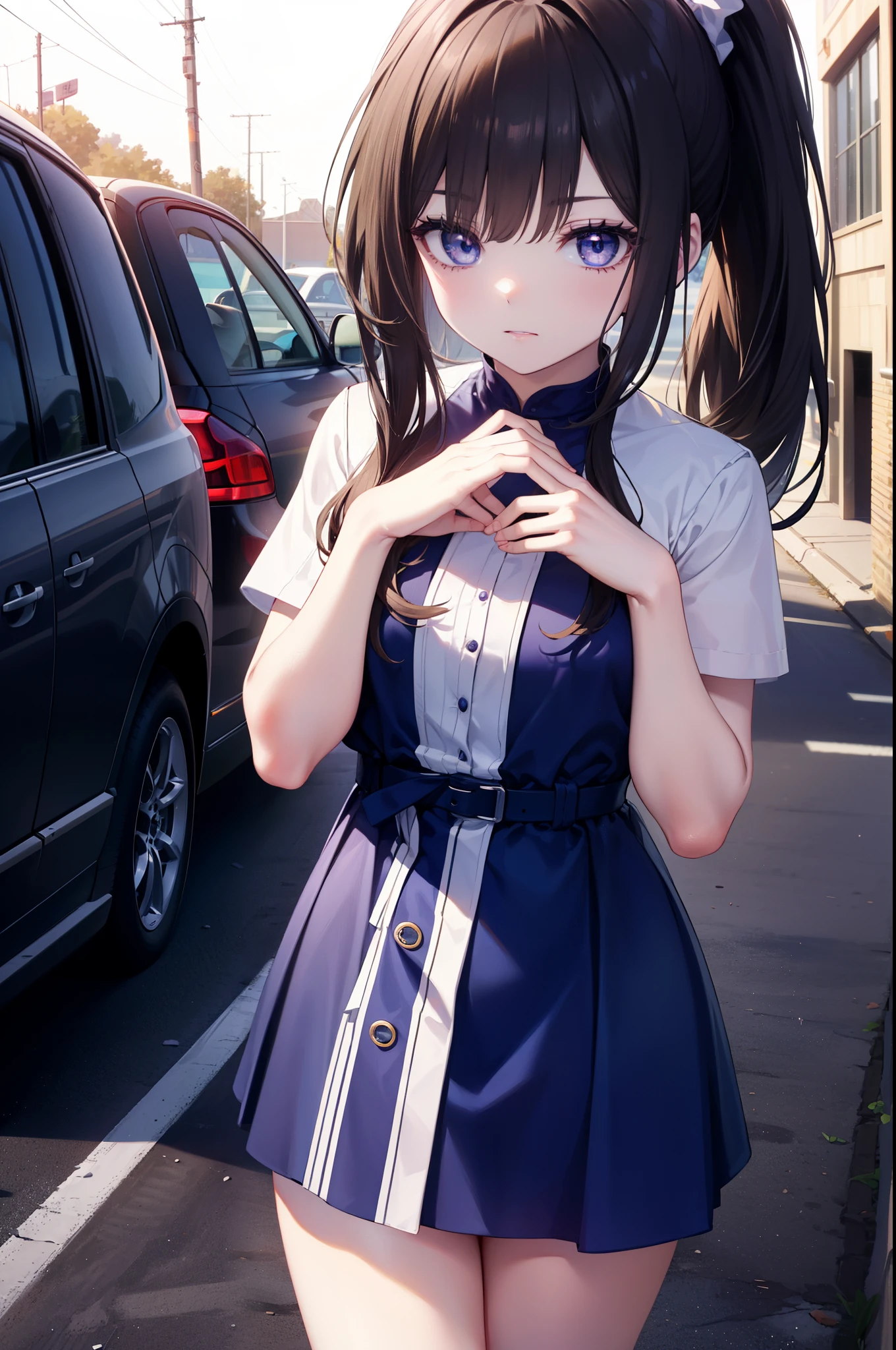 Takiuchi Kame, long hair, bangs,  black hair, (purple eyes:1.2),ponytail,blue dress,mini skirt,barefoot,Heel,(car　　　GTR34),carにもたれてる,
break outdoors, parking area,
break looking at viewer, (cowboy shot:1.5),
break (masterpiece:1.2), highest quality, High resolution, unity 8k wallpaper, (figure:0.8), (detailed and beautiful eyes:1.6), highly detailed face, perfect lighting, Very detailed CG, (perfect hands, perfect anatomy),