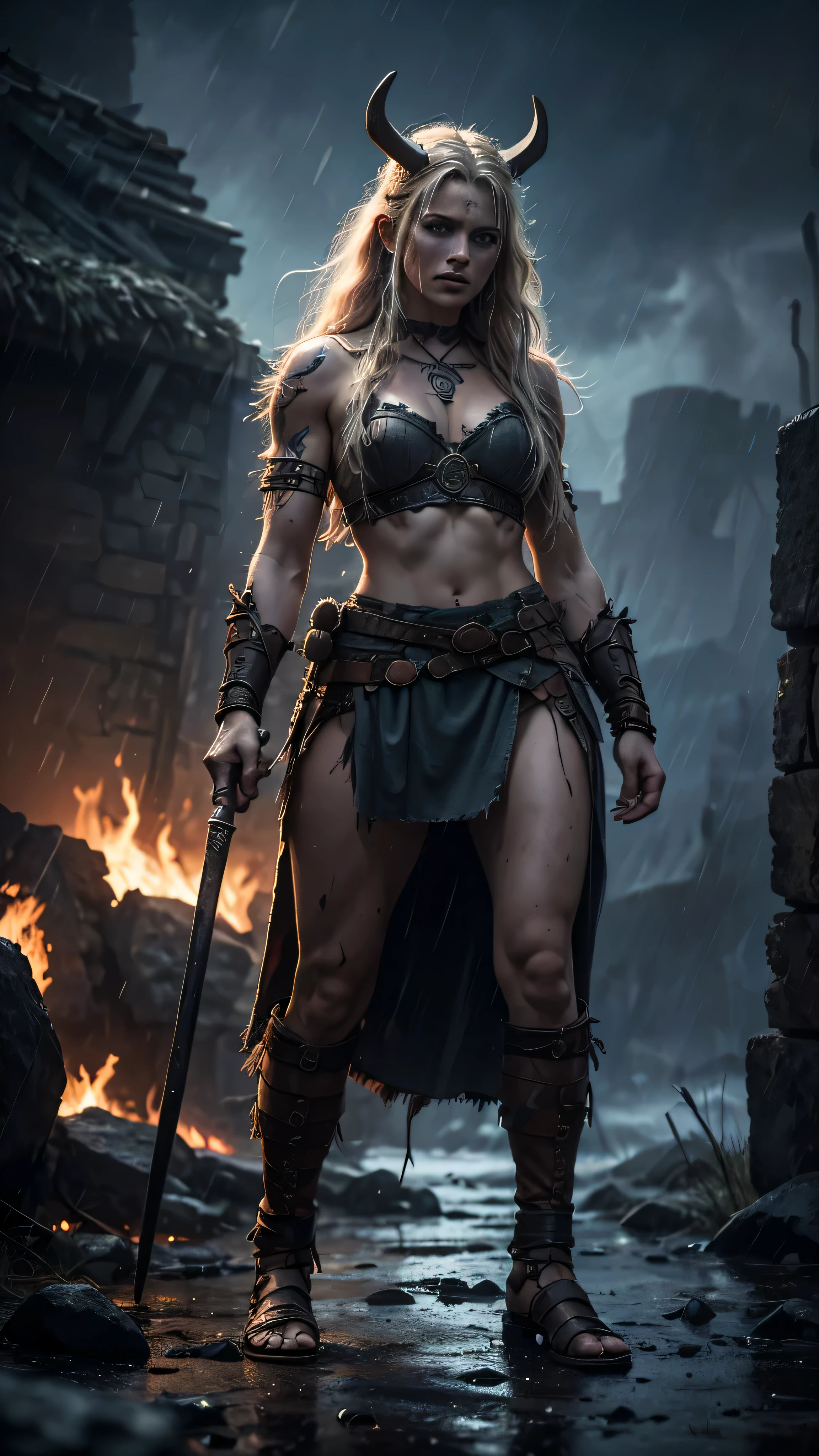 a wild and fierce warrior, very beautiful Viking woman, ritual tattoos and scars, advances menacingly, light clothing, under a torrential rain in the light of lightning, a full moon night, in a devastated landscape on fire, many details, high resolution, 4k, digital art
