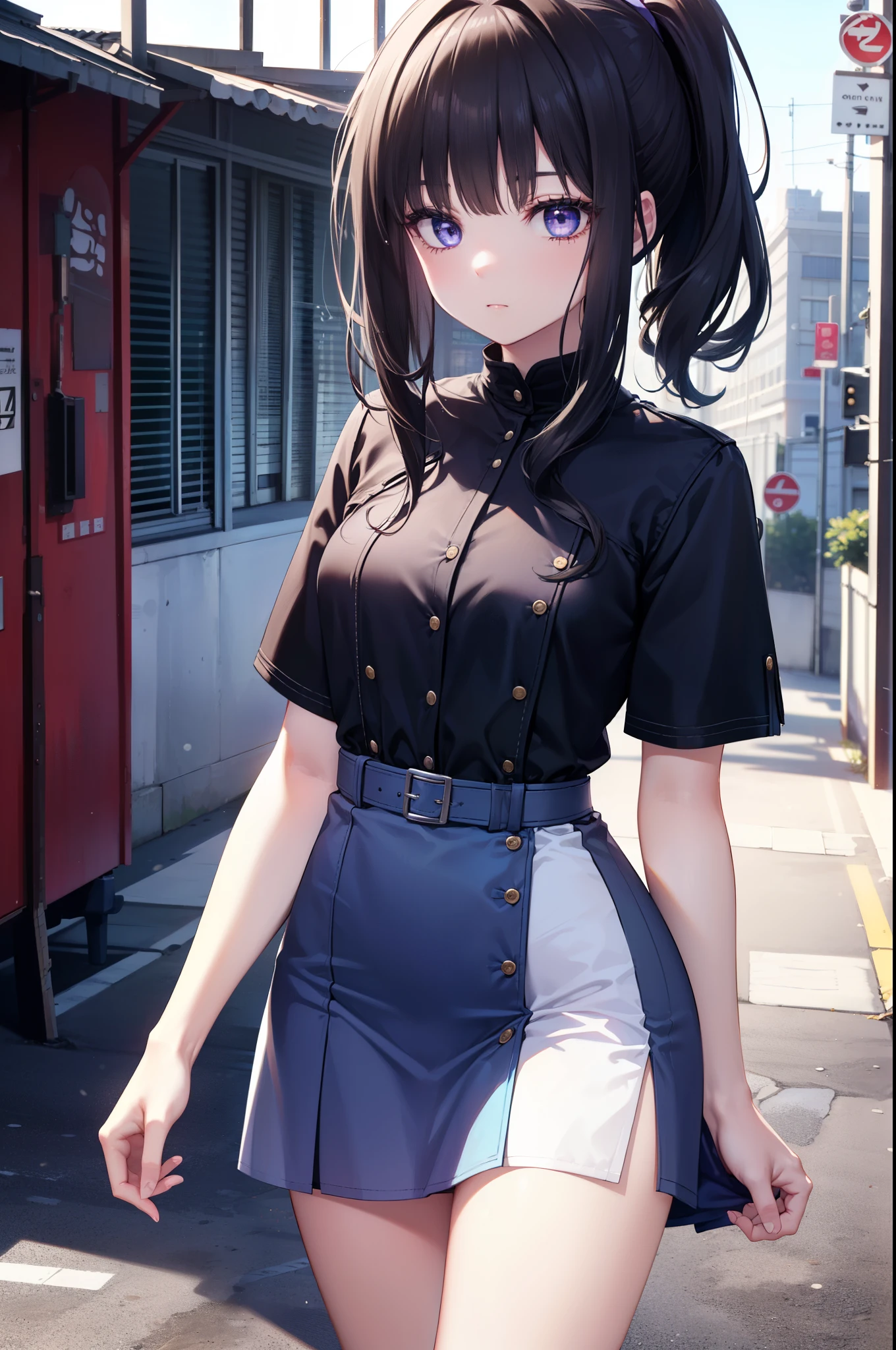 Takiuchi Kame, long hair, bangs,  black hair, (purple eyes:1.2),ponytail,blue dress,mini skirt,barefoot,Heel,(car　　black GTR34),carにもたれてる,
break outdoors, parking area,
break looking at viewer, (cowboy shot:1.5),
break (masterpiece:1.2), highest quality, High resolution, unity 8k wallpaper, (figure:0.8), (detailed and beautiful eyes:1.6), highly detailed face, perfect lighting, Very detailed CG, (perfect hands, perfect anatomy),
