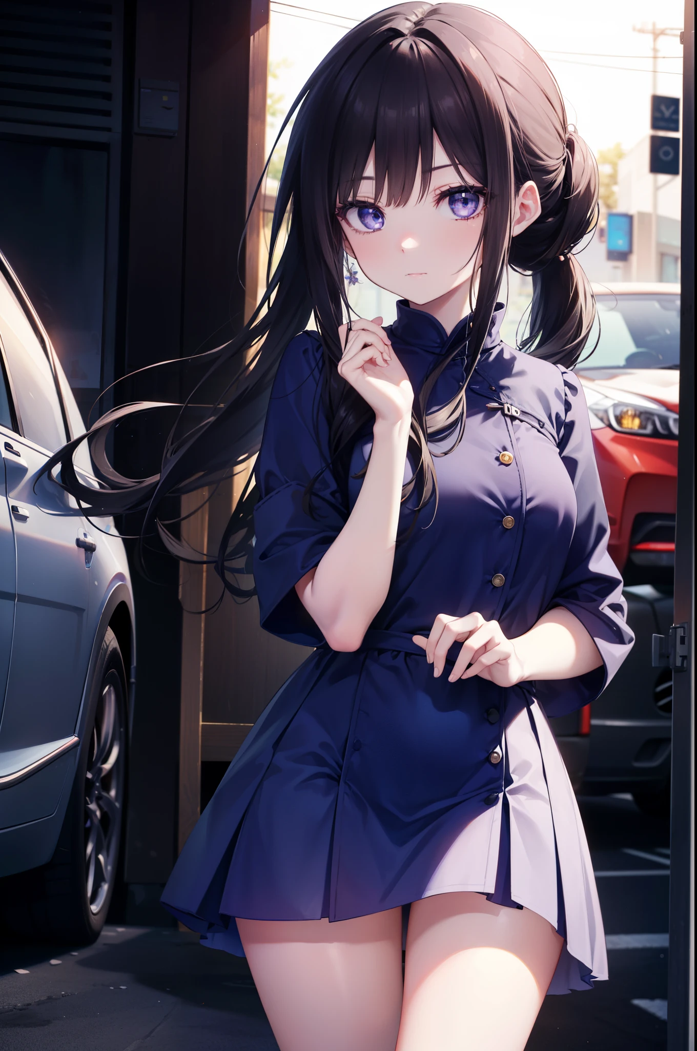 Takiuchi Kame, long hair, bangs, black hair, (purple eyes:1.2),ponytail,blue dress,mini skirt,barefoot,Heel,(car black GTR34),carにもたれてる,
break outdoors, parking area,
break looking at viewer, (cowboy shot:1.5),
break (masterpiece:1.2), highest quality, High resolution, unity 8k wallpaper, (figure:0.8), (detailed and beautiful eyes:1.6), highly detailed face, perfect lighting, Very detailed CG, (perfect hands, perfect anatomy),