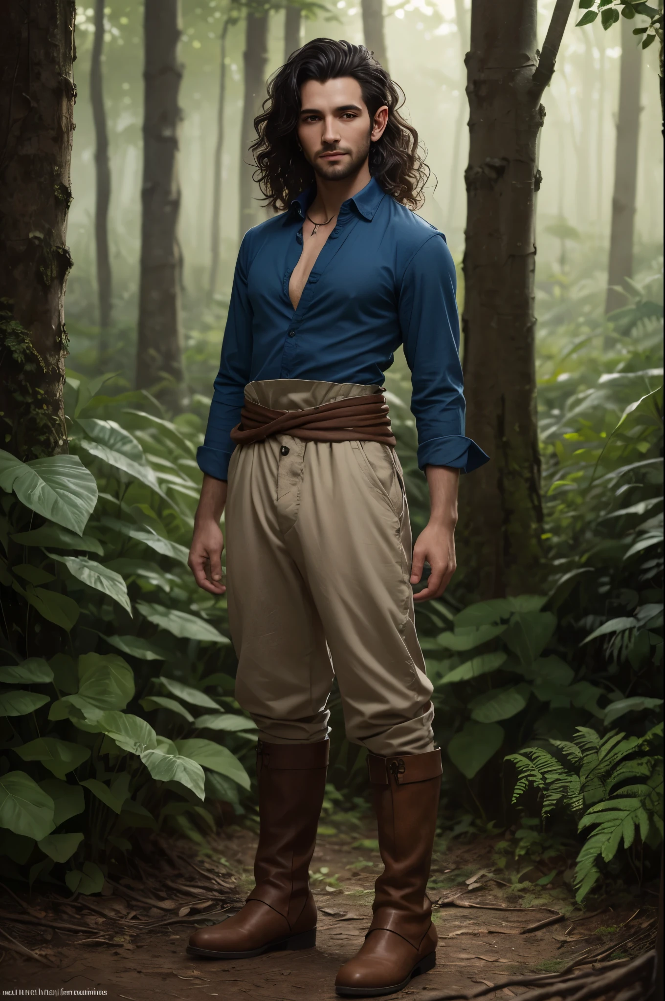 Halfling man, handsome, 30 years old, curly hair, (pointed ears), square face, ((full body)), stocky, tanned, beardless, colorful red and blue gypsy clothing, shirt unbuttoned to waist, pantaloons, short boots, in a green forest. looking at viewer, slight smile, watercolor illustration, dramatic lighting, (depth of field), ((masterpiece)), ((best quality)), ((highly detailed))