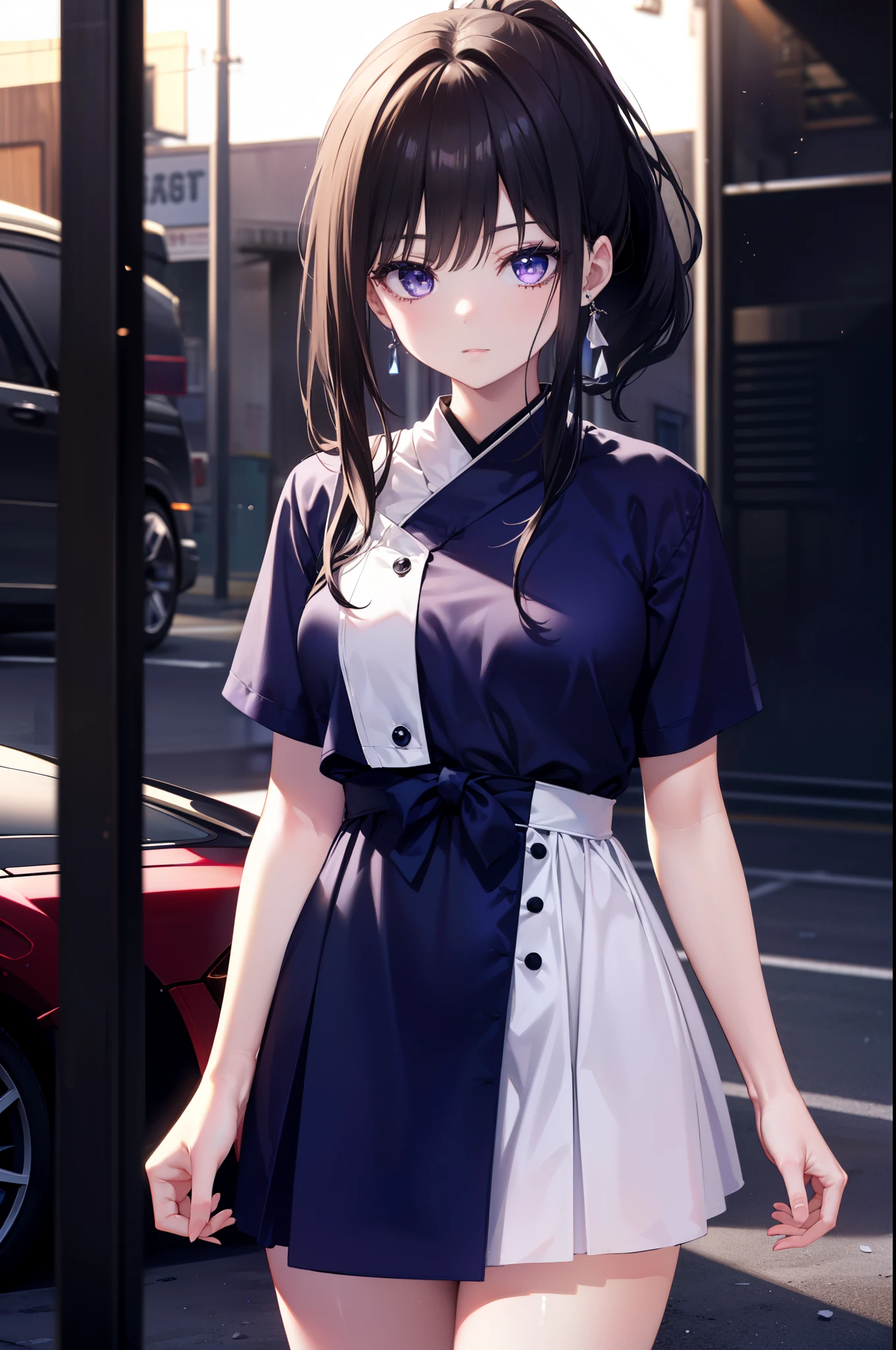 Takiuchi Kame, long hair, bangs, black hair, (purple eyes:1.2),ponytail,blue dress,mini skirt,barefoot,Heel,(car black GTR34),carにもたれてる,
break outdoors, parking area,
break looking at viewer, (cowboy shot:1.5),
break (masterpiece:1.2), highest quality, High resolution, unity 8k wallpaper, (figure:0.8), (detailed and beautiful eyes:1.6), highly detailed face, perfect lighting, Very detailed CG, (perfect hands, perfect anatomy),