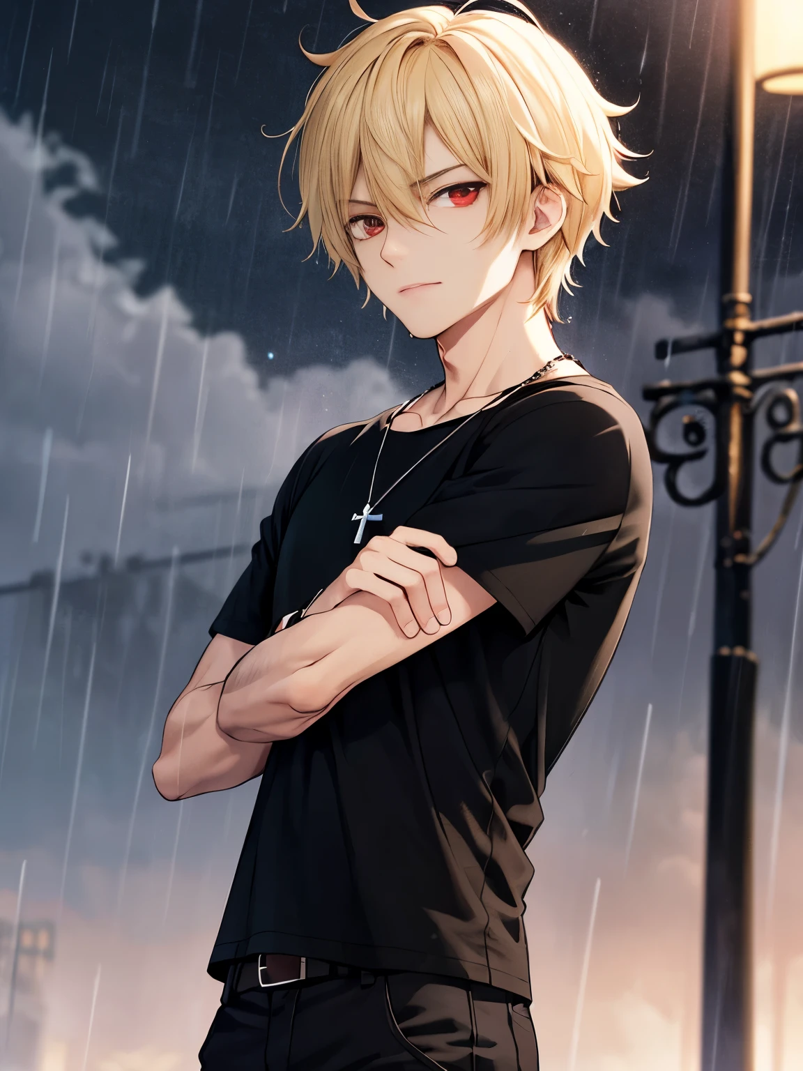 1 man,solo,20 years old,night, outdoors, rain,Hands clenched into fists,,half body photo,HD face,cross necklace,handsome,messy hair,Perfect face, detailed face, short hair, blonde hair,black t-shirt, Plain t-shirt,black t-shirt,short sleeve t-shirt,black trousers, Long pants,red eyes,bright red eyes, vampire