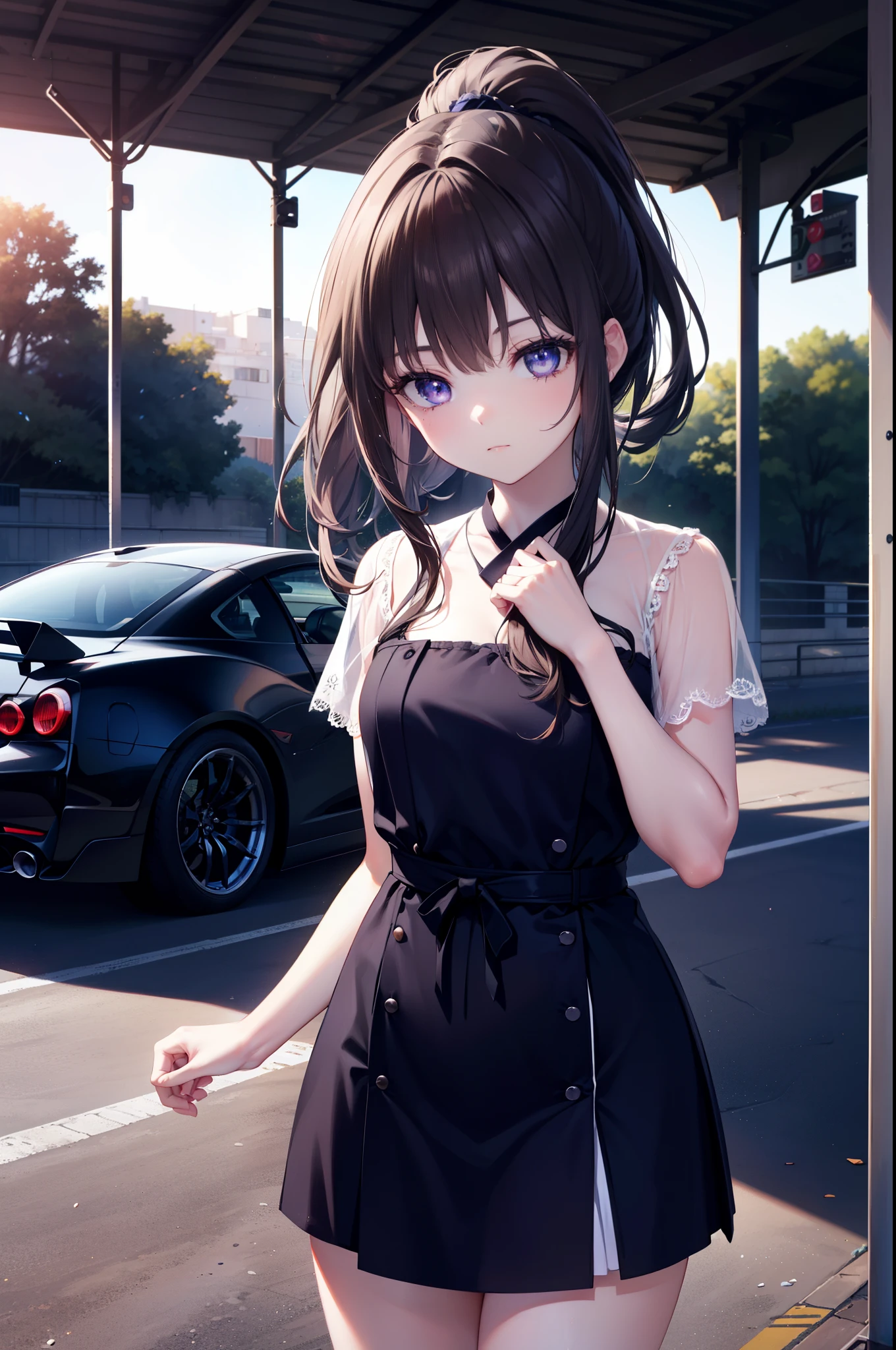 Takiuchi Kame, long hair, bangs, black hair, (purple eyes:1.2),ponytail,blue clothes,mini skirt,barefoot,all,(car GTR34),carにもたれてる,
break outdoors, 駐car場,
break looking at viewer, (cowboy shot:1.5),
break (masterpiece:1.2), highest quality, High resolution, unity 8k wallpaper, (shape:0.8), (fine and beautiful eyes:1.6), highly detailed face, perfect lighting, Very detailed CG, (perfect hands, perfect anatomy),