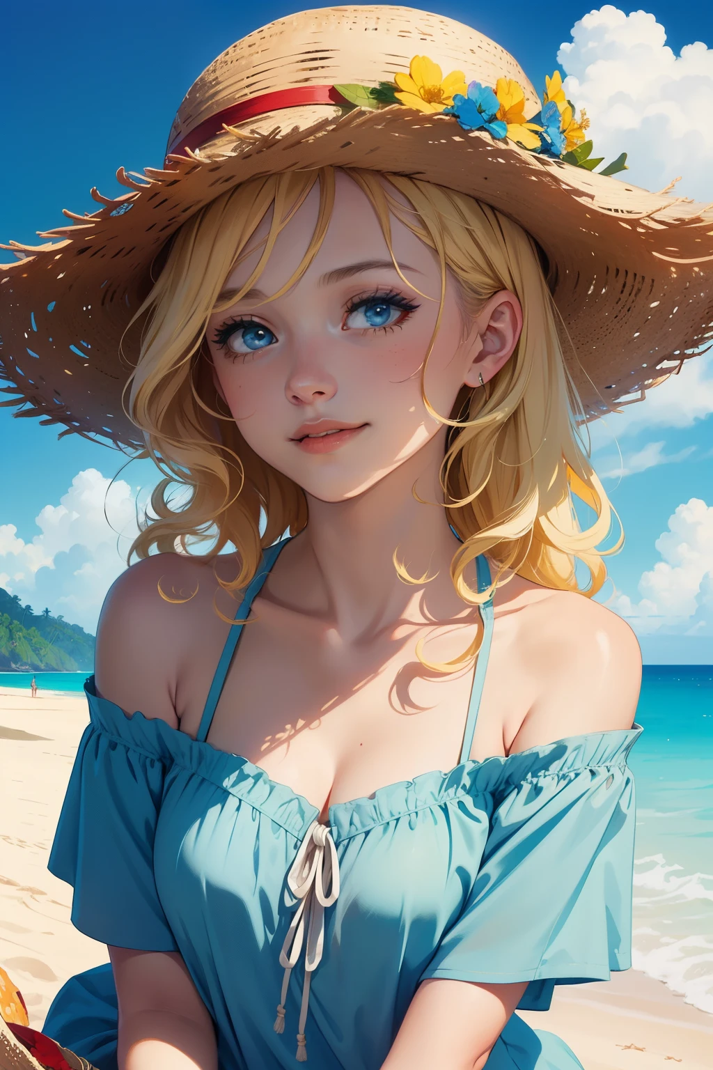 (finely detailed beautiful eyes and detailed face,masterpiece sidelighting,masterpiece,best quality,detailed,high resolution illustration),, (1 depraved girl,whole body,sundress,lustrous skin,looking down,looking at viewer),, (yellow hair,blue eyes,ribbon, sheer clothes), (clothed_underbust:1.2),underboob