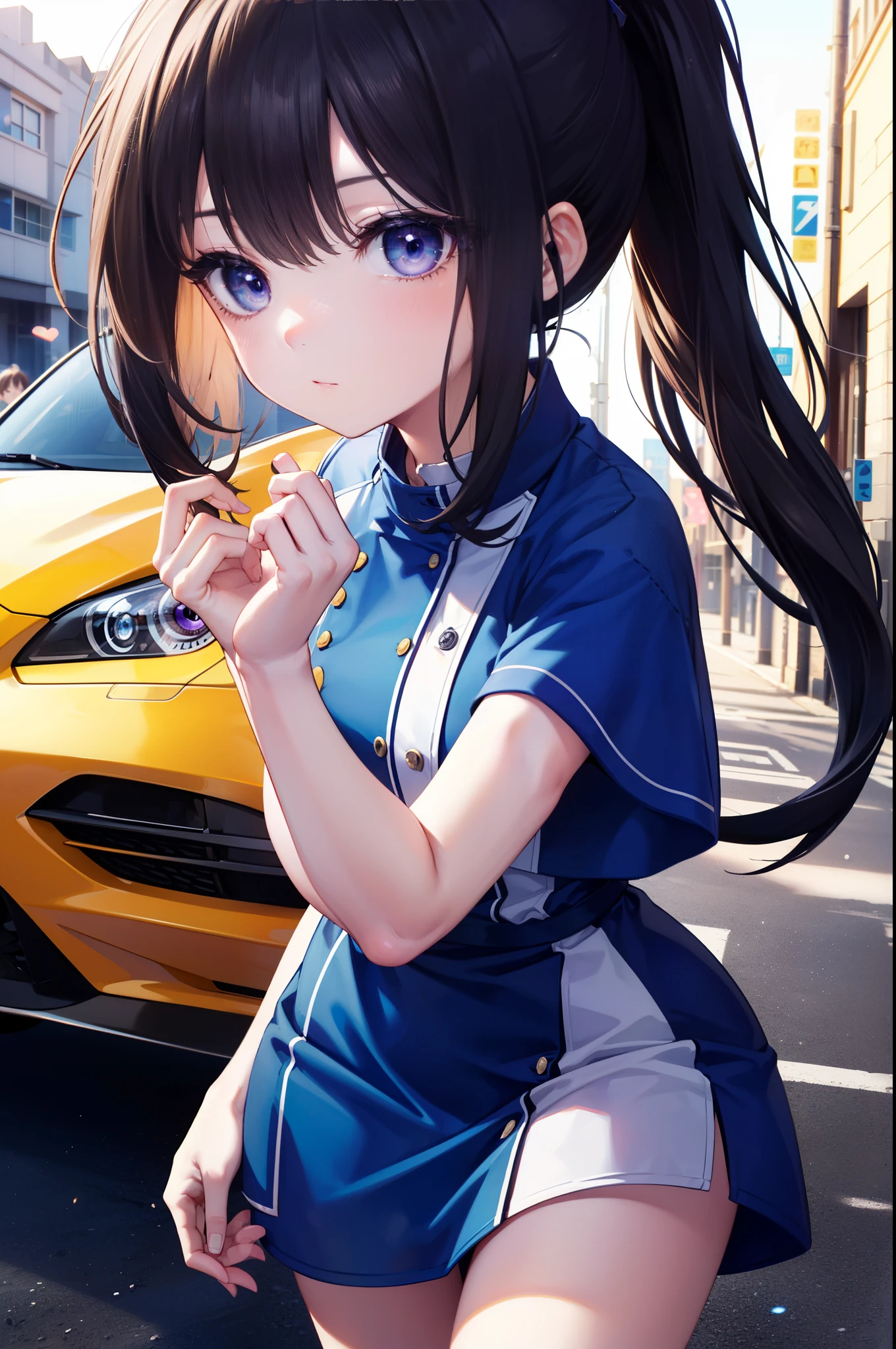 Takiuchi Kame, long hair, bangs,  black hair, (purple eyes:1.2),ponytail,blue dress,mini skirt,barefoot,Heel,(car　　black GTR34),carにもたれてる,
break outdoors, parking area,
break looking at viewer, (cowboy shot:1.5),
break (masterpiece:1.2), highest quality, High resolution, unity 8k wallpaper, (figure:0.8), (detailed and beautiful eyes:1.6), highly detailed face, perfect lighting, Very detailed CG, (perfect hands, perfect anatomy),