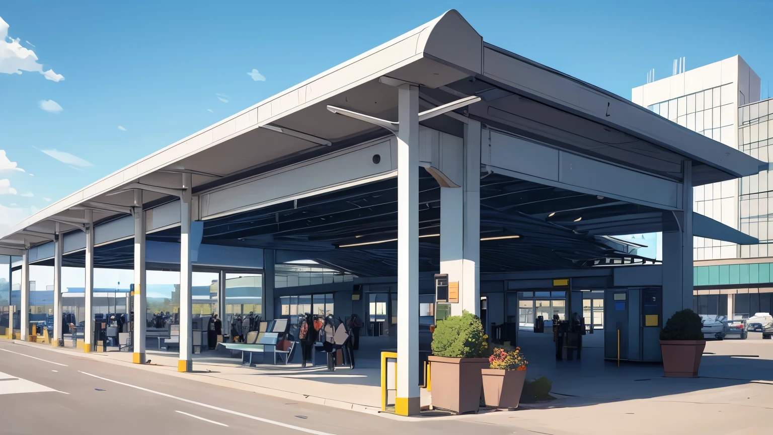 An illustration of a bus terminal in the daytime, with a clear sky adorned with few clouds. At the entrance of the terminal, two buses can be seen illuminated, ready to depart. The bright sunlight makes the black asphalt around them appear bright and shiny. Although the sun is not visible, the bright and clear atmosphere creates a pleasant ambiance.
Between the two buses, there are two sturdy pillars lined up, giving a sense of solidity to the terminal building. The terminal roof is made of neatly arranged tiles, creating interesting shadows under the sunlight.
The bus terminal is painted in clean white, creating a sense of cleanliness and orderliness. In the front yard of the terminal, a few patches of wild grass can be seen, adding vibrancy to the scenery.