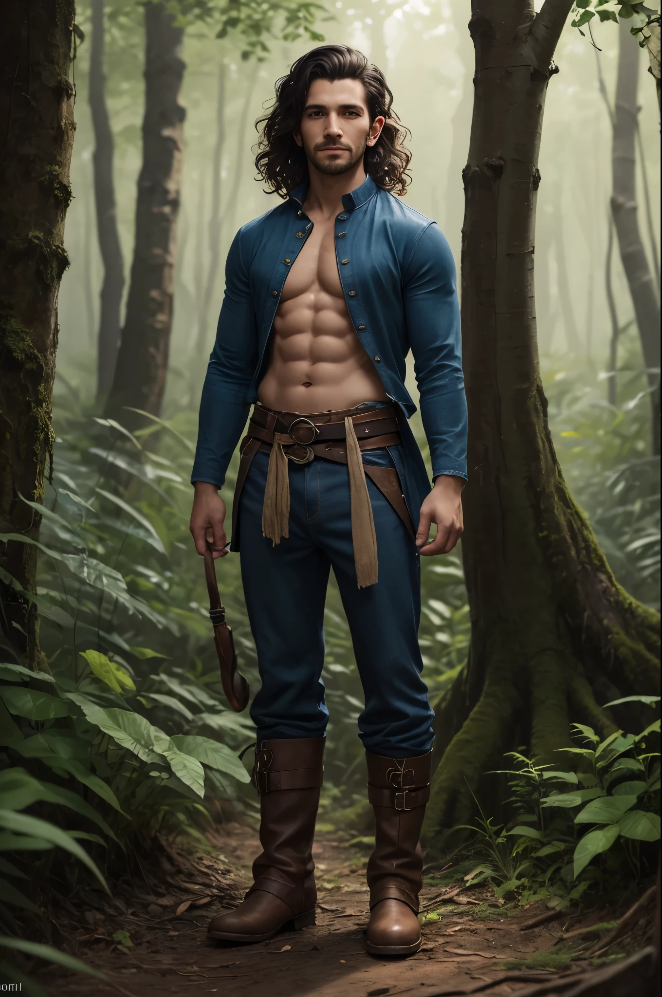 Halfling man, handsome, 30 years old, curly hair, (pointed ears), square face, ((full body)), stocky, tanned, beardless, colorful red and blue gypsy clothing, shirtless to waist, pantaloons, short boots, in a green forest. looking at viewer, slight smile, watercolor illustration, dramatic lighting, (depth of field), ((masterpiece)), ((best quality)), ((highly detailed))