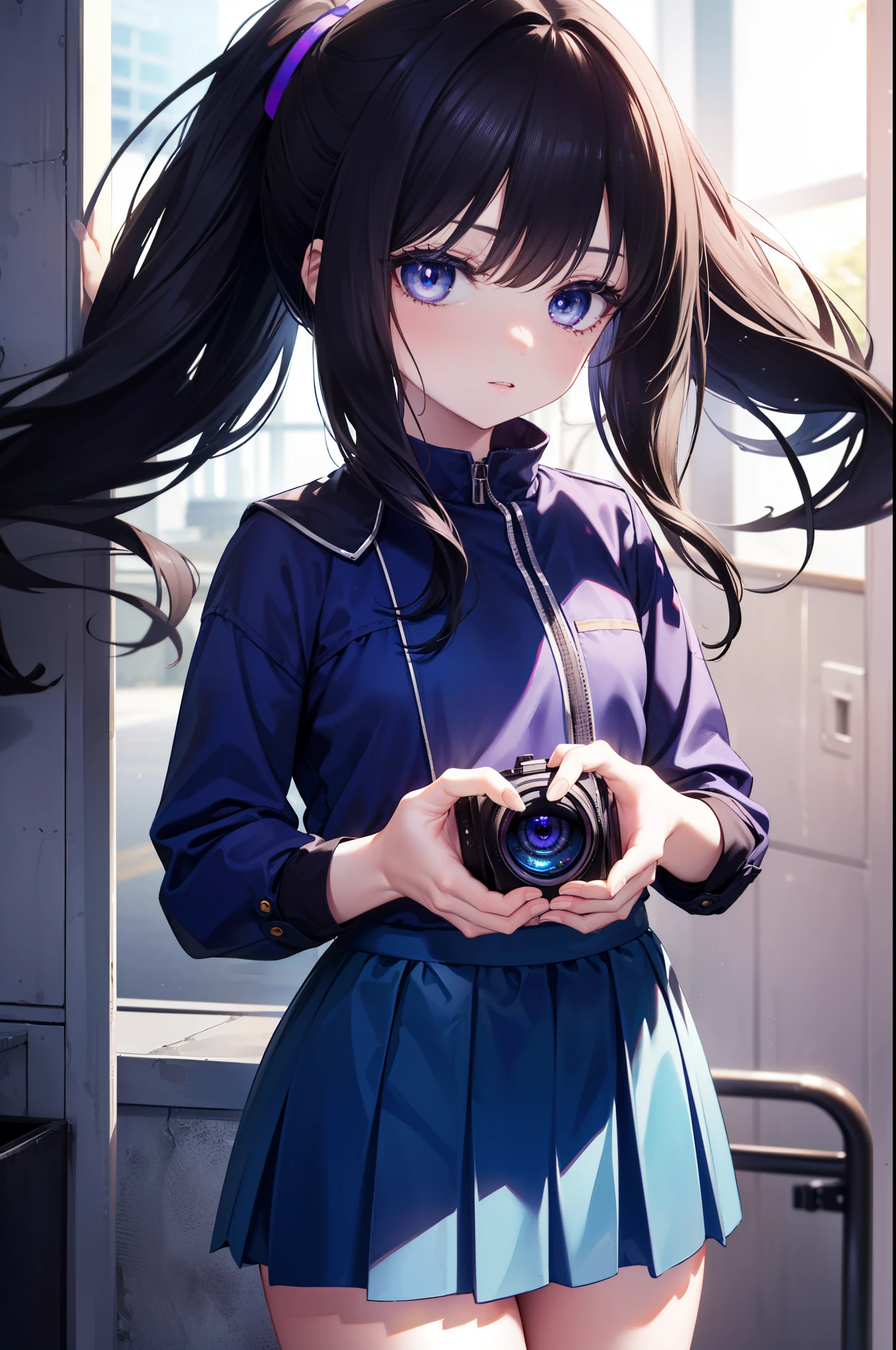 Takiuchi Kame, long hair, bangs, black hair, (purple eyes:1.2),ponytail,blue clothes,mini skirt,barefoot,all,(car GTR34),carにもたれてる,
break outdoors, 駐car場,
break looking at viewer, (cowboy shot:1.5),
break (masterpiece:1.2), highest quality, High resolution, unity 8k wallpaper, (shape:0.8), (fine and beautiful eyes:1.6), highly detailed face, perfect lighting, Very detailed CG, (perfect hands, perfect anatomy),