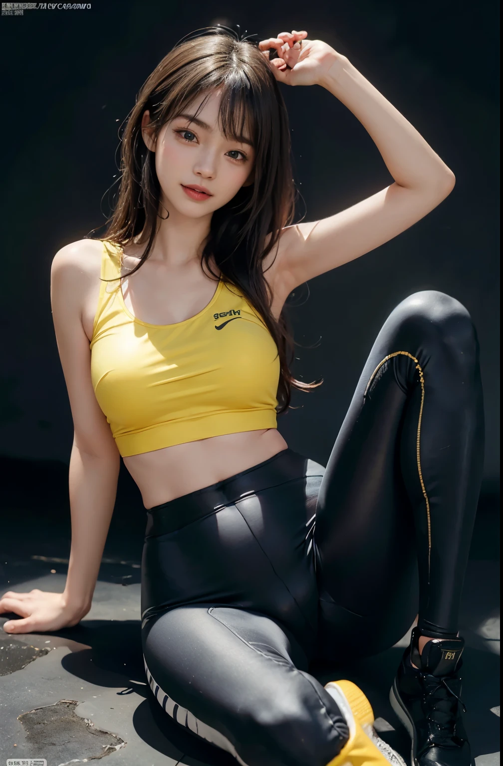 (surreal), (revelation), (high resolution), (8k), (Very detailed), (The best revelationns), (Beautiful and delicate eyes), (top quality), (Super detailed), (Masterpiece), (wallpaper), (Detailed face), droopy eyes,满身yes汗水, whole body, long legs, armpit, long hair,Inner color,alone,girl in sportswear , huge , Smile, Tight yellow yoga pants, slim, yes