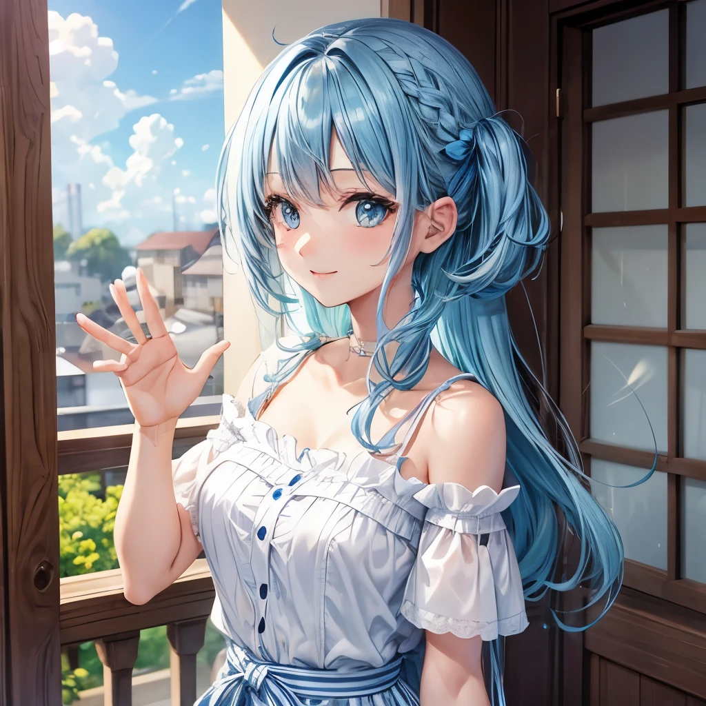 1girl, bluenette hair, light blue hair, next door girl, greeting, morning, waving