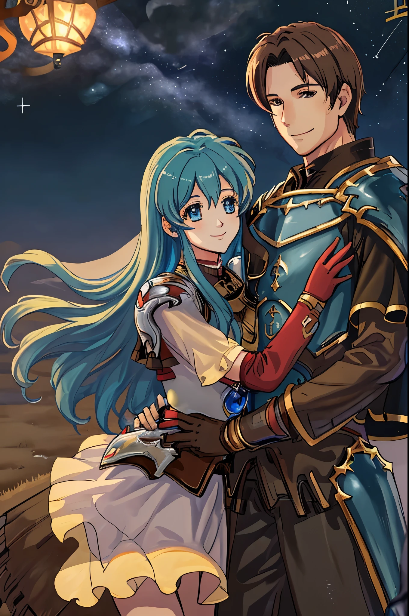 masterpiece, 1boy, 1girl, couple, cowboy shot, smile, (hug:0.9), defSeth, gloves, armor, black capelet, brown shirt, (long sleeves:1.1), night sky, stars, def_eirika, long hair