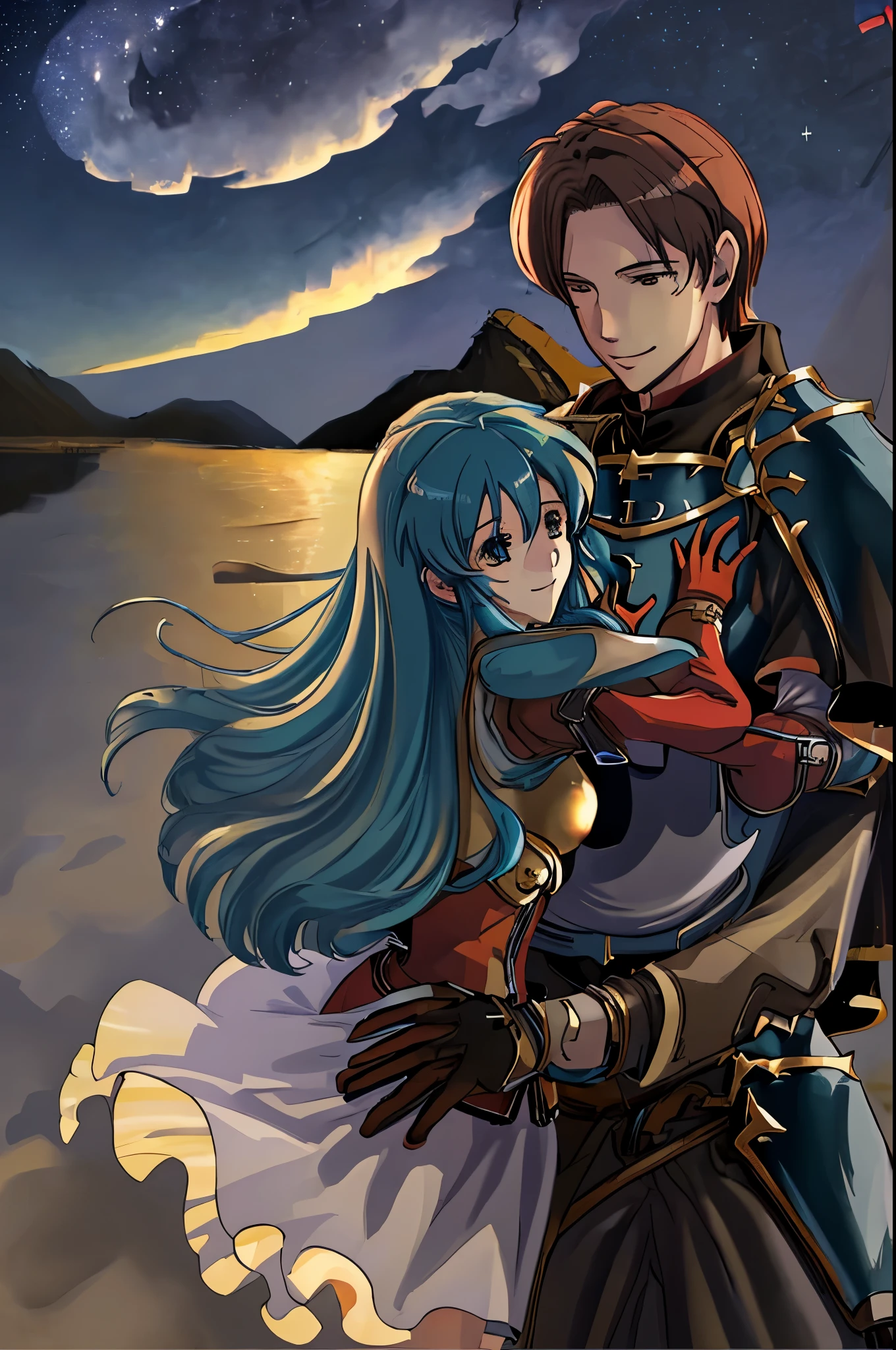 masterpiece, 1boy, 1girl, couple, cowboy shot, smile, (hug:0.9), defSeth, gloves, armor, black capelet, brown shirt, (long sleeves:1.1), night sky, stars, def_eirika, long hair